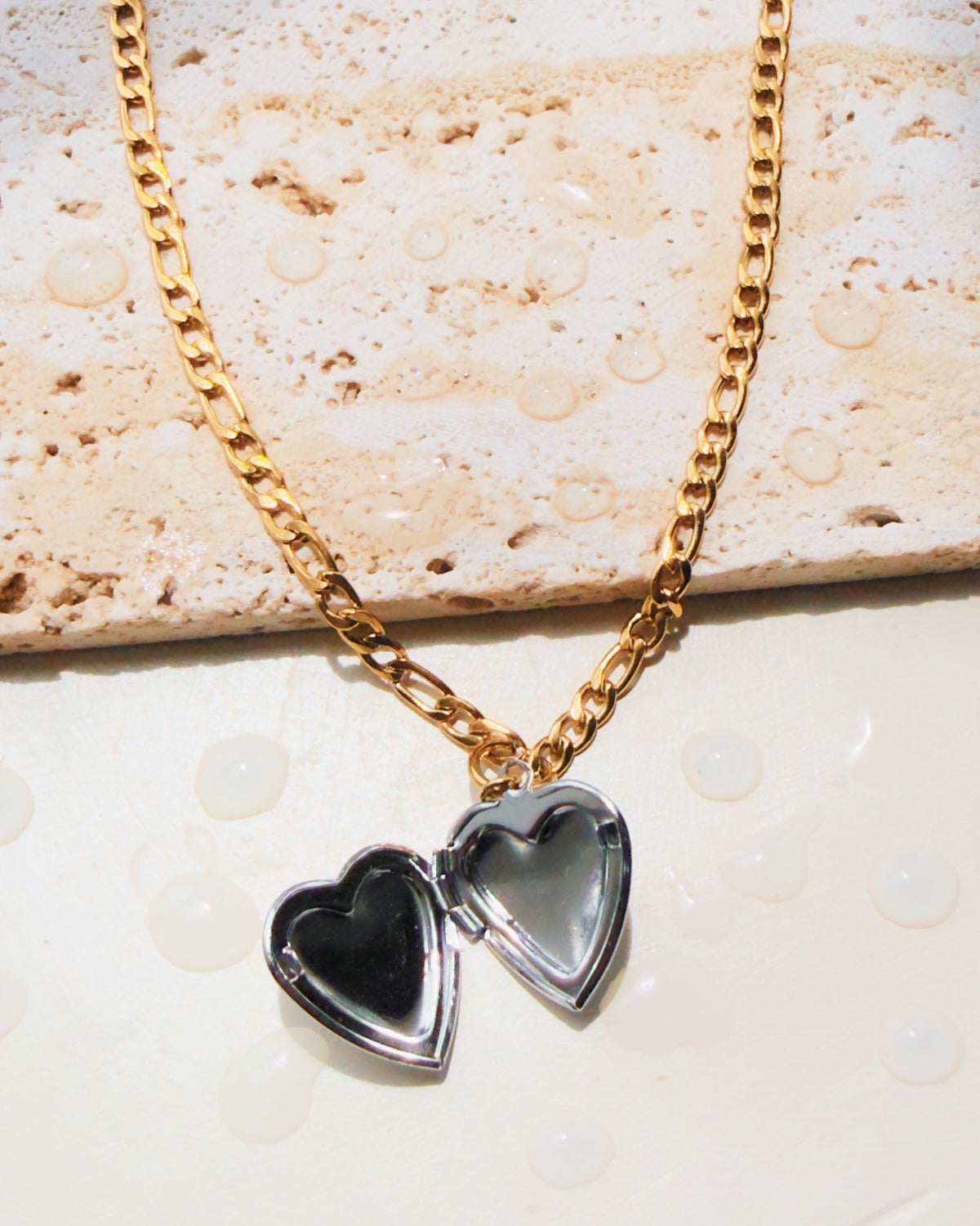 Ondine Two Tone Silver Heart Picture Case Pendant Figaro Chain Gold Necklace