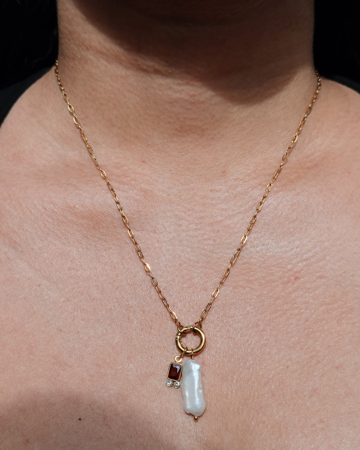 Xara Dainty Zircon Birthstone Pearl Dual Pendant Small Thin Paperclip Chain Necklace