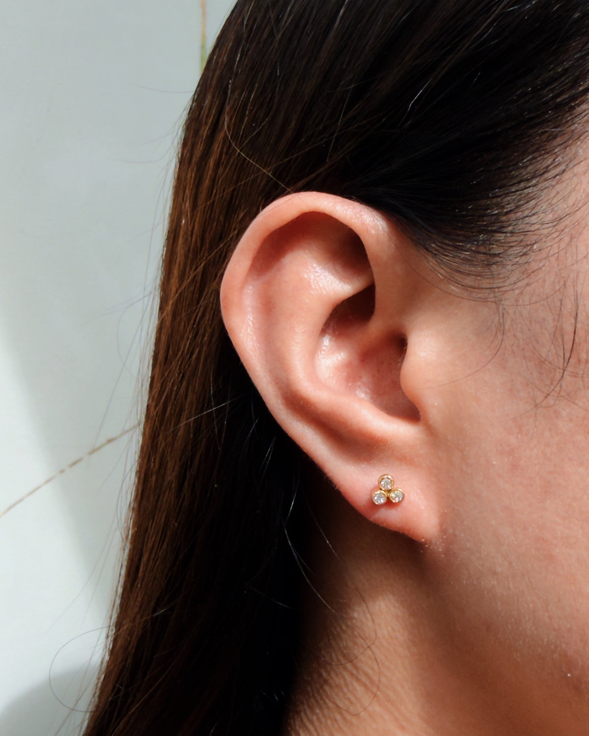 Quincy (Bundle Set) 3 Pairs Round Pearl Gold Studs Tri Petal Zircon Bezel Set Flower Shaped Gold Studs Textured Faceted Design Gold Huggies
