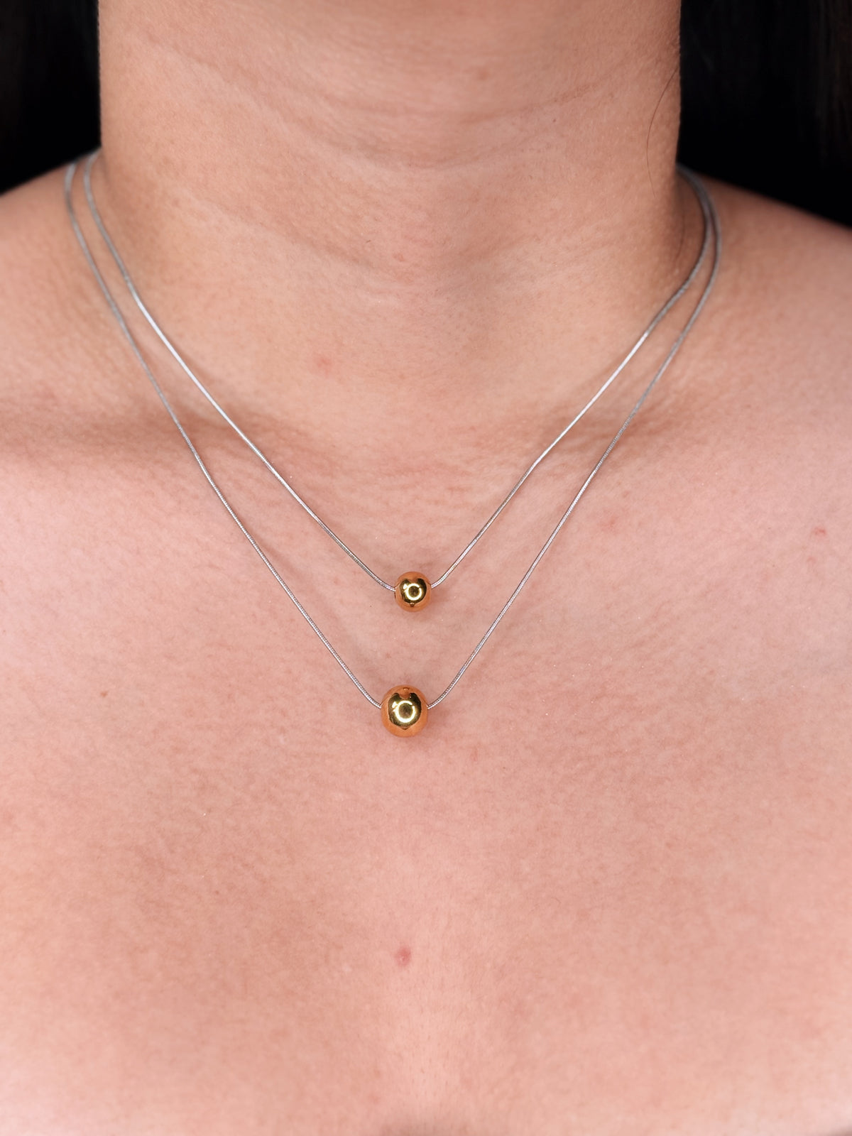 Kendall (Bundle Set) 2 Necklaces Double Layer Two Tone Short Thin Silver Snake Chain Small Gold Pendant Long Thin Silver Snake Chain Big Gold Pendant Silver Necklace