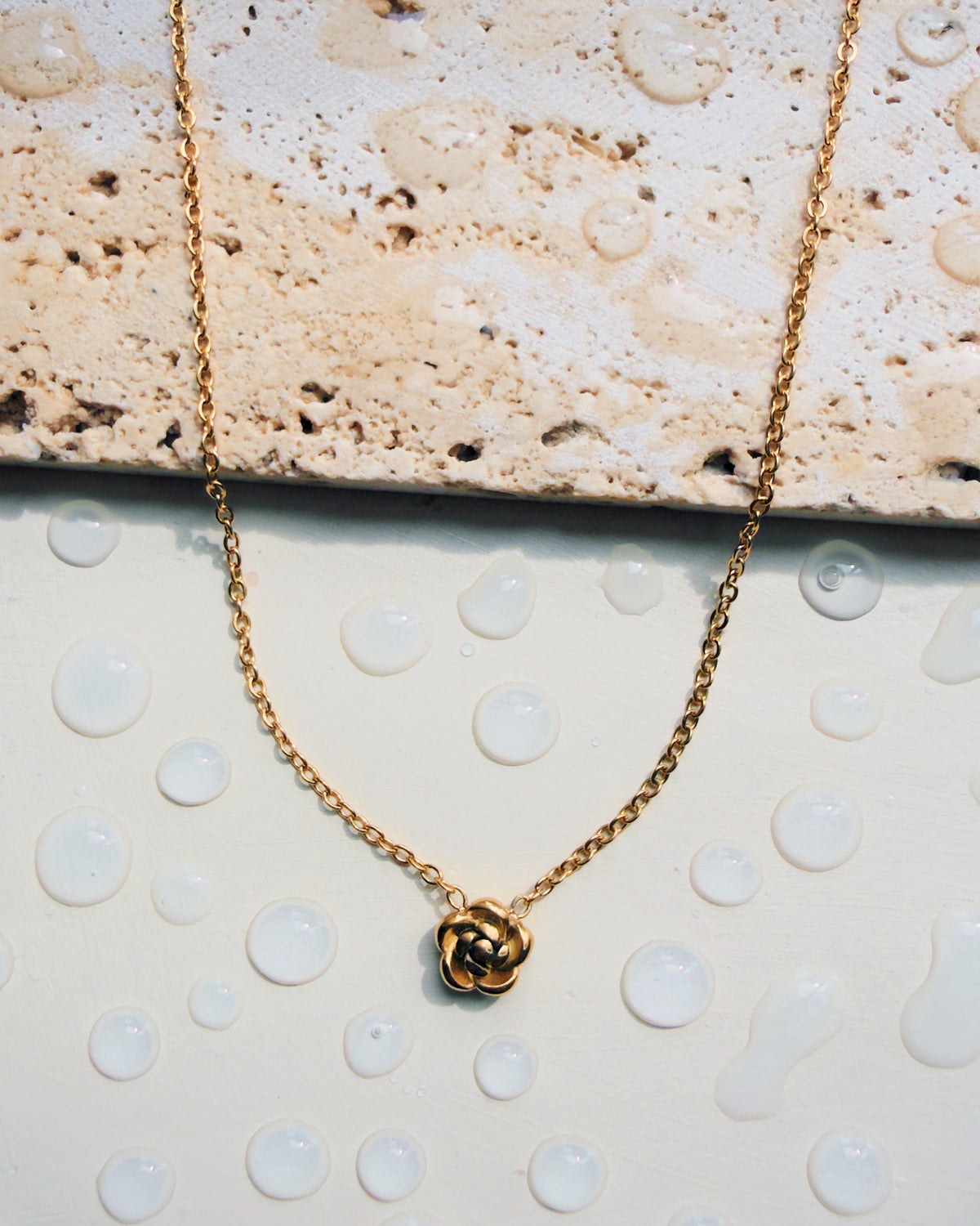 Rowena Carved Rose Flower Pendant Thin Link Chain Gold Necklace