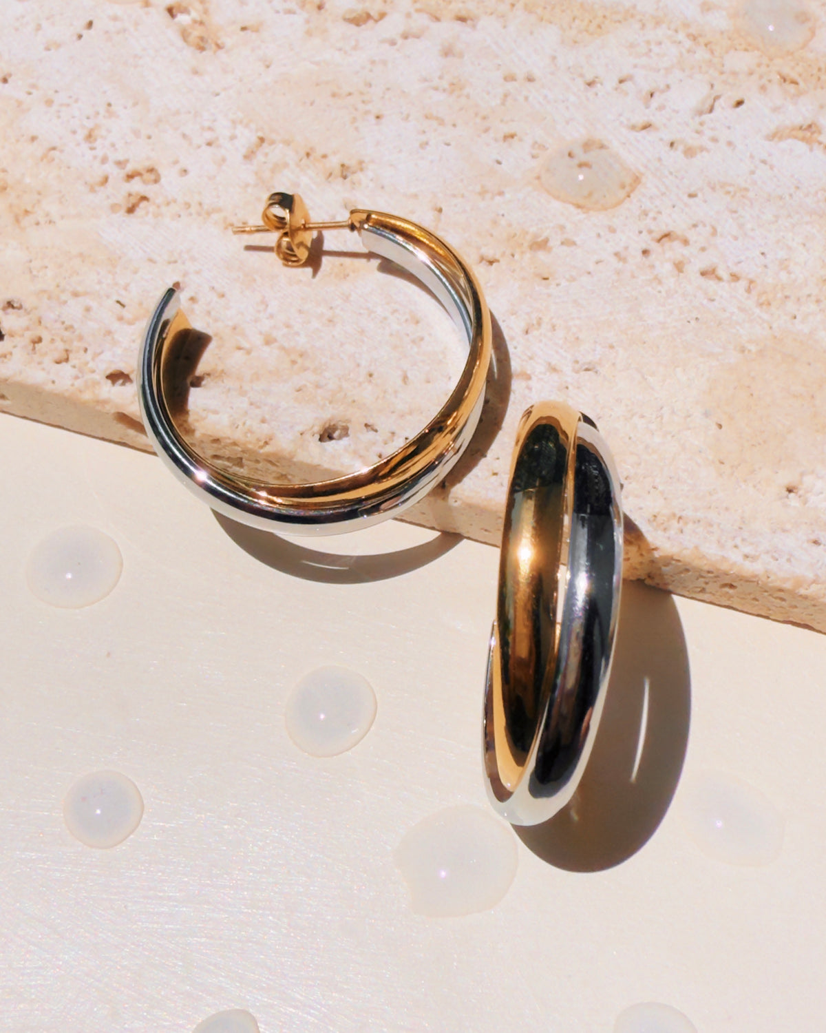 Marigold (Two Tone) Double Layer Stacked Silver Gold Thin Flat Rounded Smooth C-Shaped Hoops