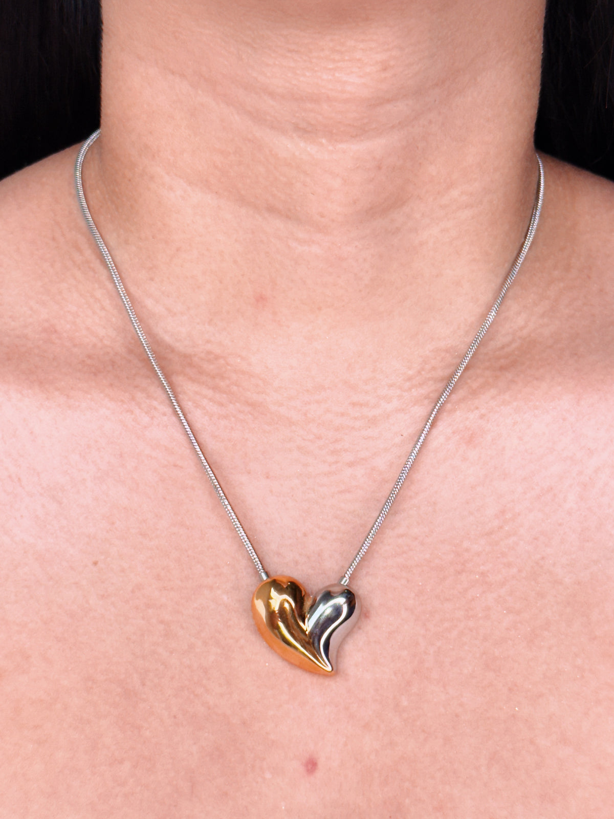 Murphy (Two Tone) Half Silver Half Gold Chunky Solid Shaped Pendant Thin Round Snake Silver Chain Design Necklace