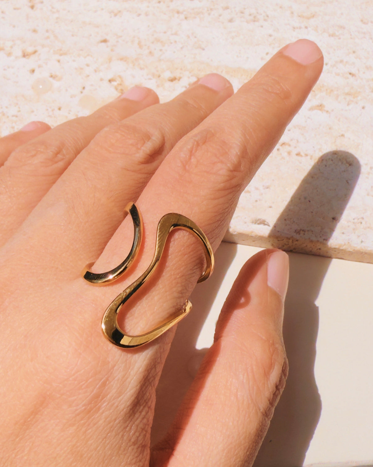 Maggie (Gold) Smooth Semi Flat Abstract Line Fluid Minimalist Design Open Ring