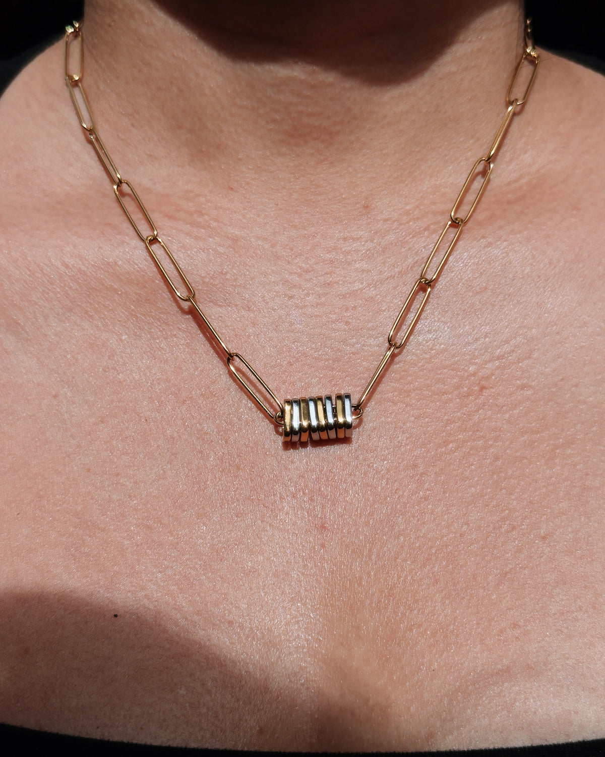 Sancia Two Tone Silver Gold Flat Rounded Square Bars Pendant Thin Big Paperclip Chain Necklace