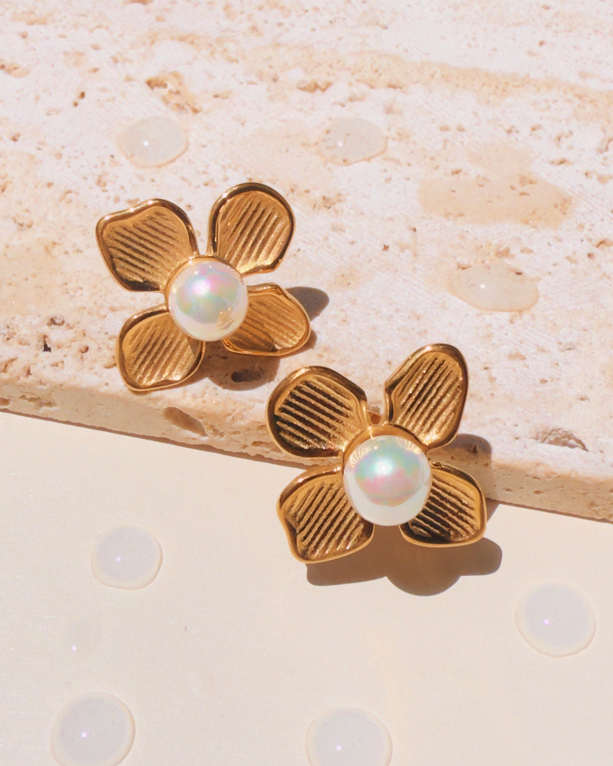 Meryll Textured Quad Petal Flower Shaped Round Pearl Pollen Design Gold Stud Earrings