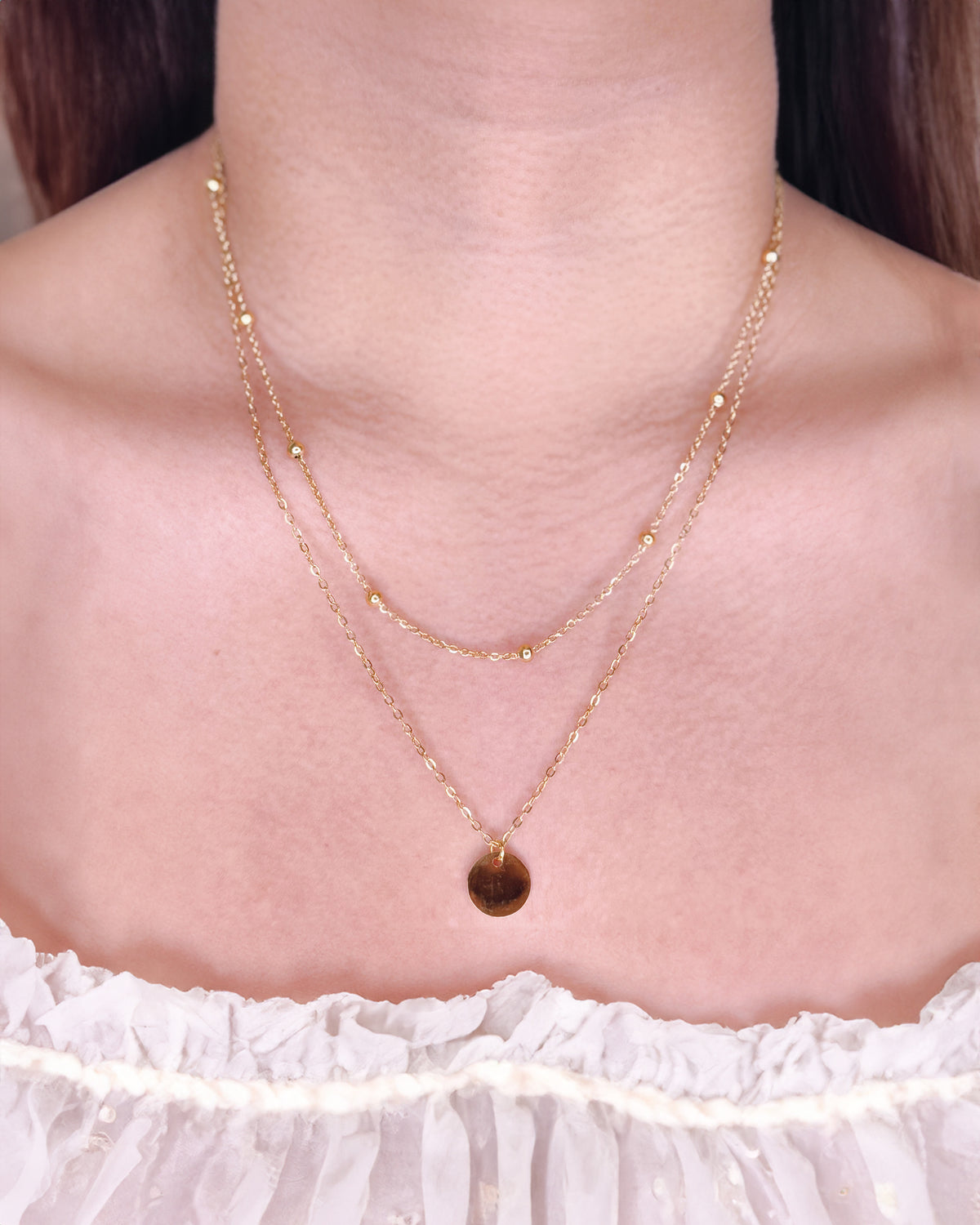 Nadine Double Layer Beaded Chain Disc Pendant Gold Necklace