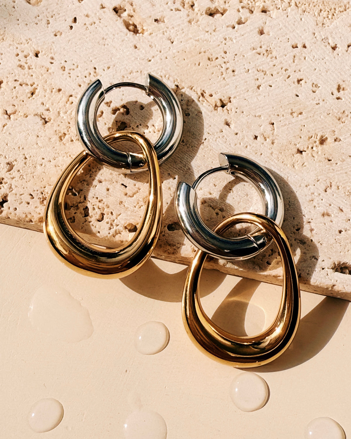 Kristel Two Tone Thick Silver Hoops Irregular Gold Hollow Teardrop Waterdrop Design Drop Earrings