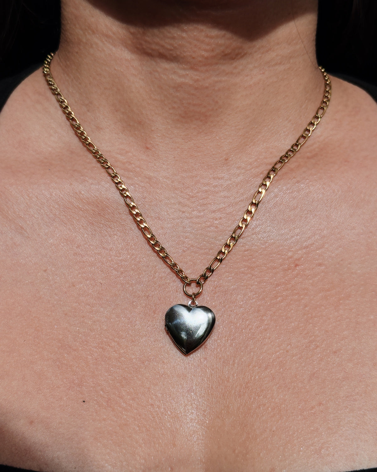 Ondine Two Tone Silver Heart Picture Case Pendant Figaro Chain Gold Necklace