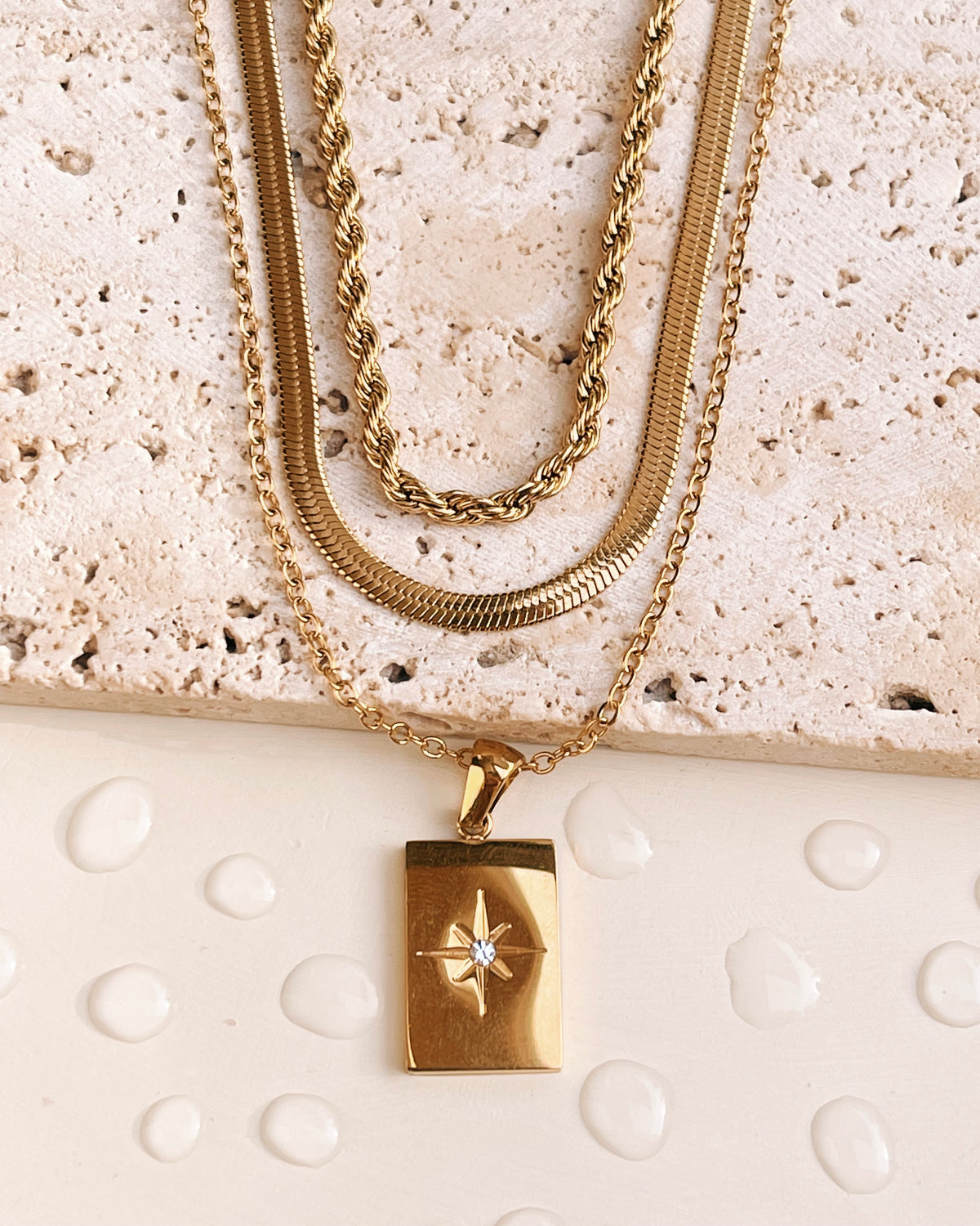 Adele (Bundle Set) 3 Necklaces Triple Layer Rope Chain Flat Snake Chain Thin Curb Chain Zircon Star Frame Pendant Gold Necklace