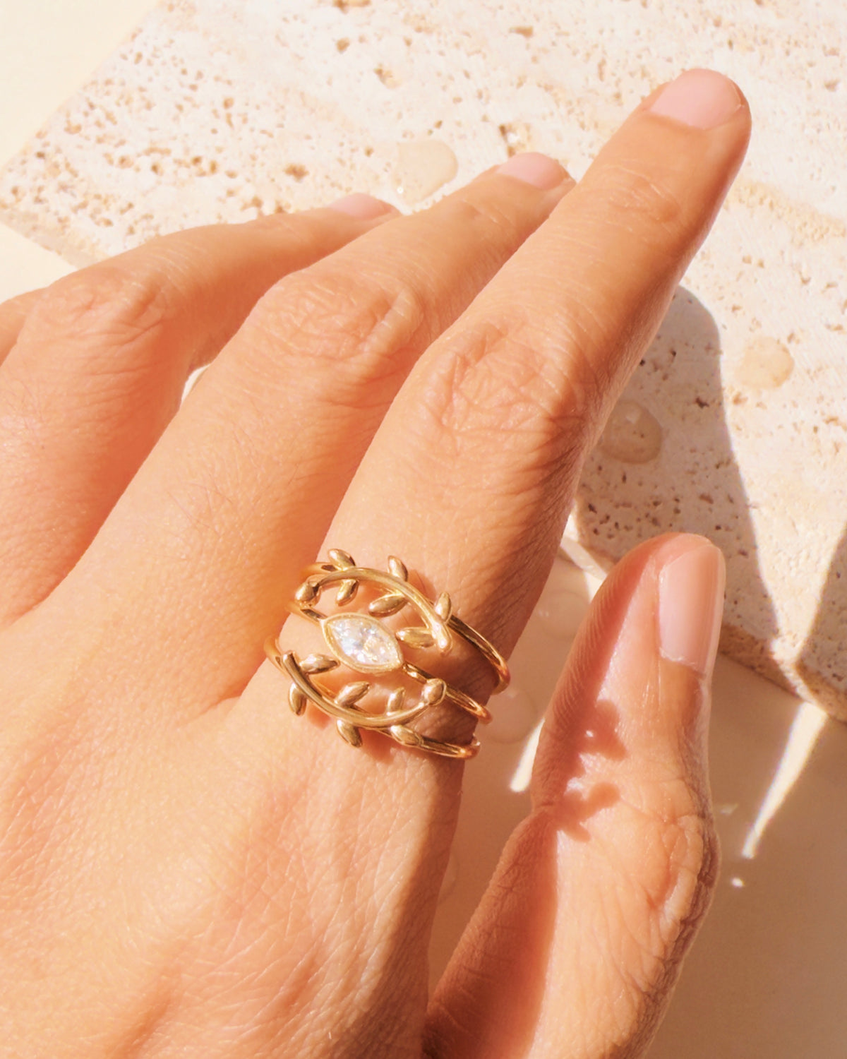 Poppy (Bundle Set) Triple Layer Leaf Design Zircon Diamond Shaped Top Head Thin Ring Design Eye Shaped Design Stackable Ring
