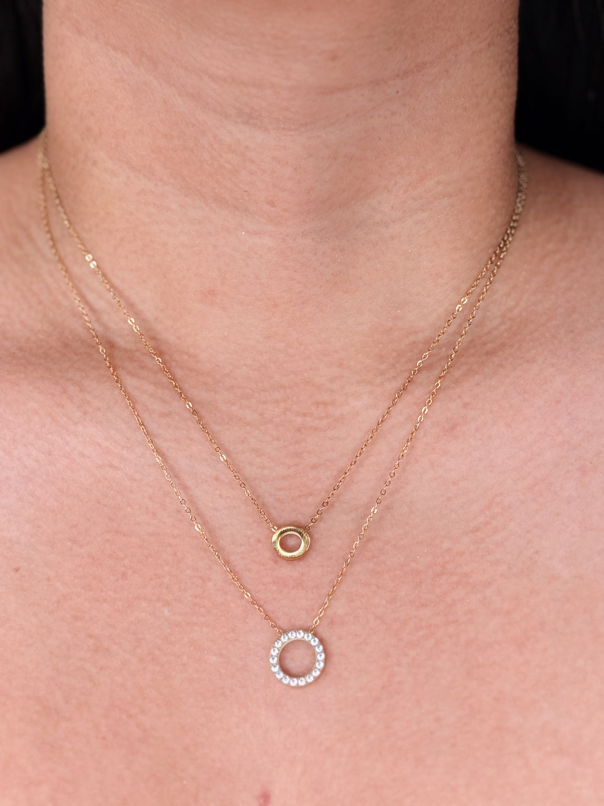 Evette Double Layer Classic Thin Link Chain Dual Zircon Paved Plain Ring Pendants Gold Necklace