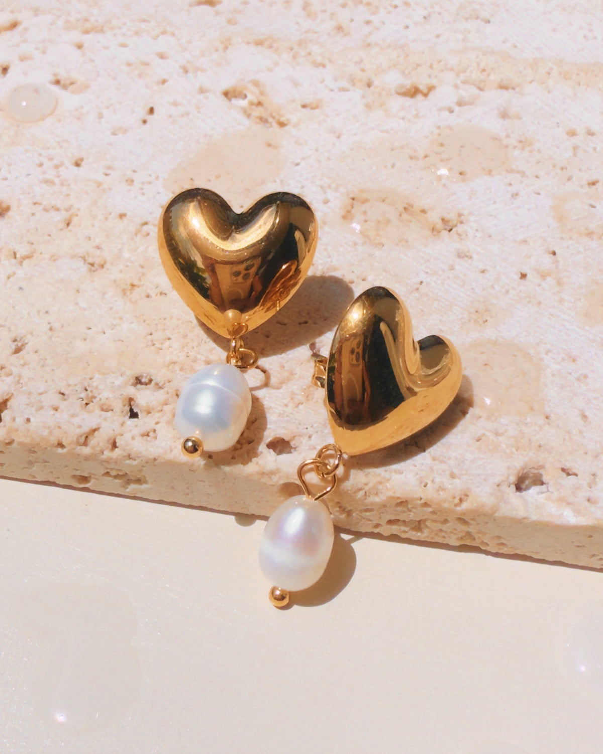 Mylene Solid Heart Shaped Gold Stud Pearl Drop Earrings