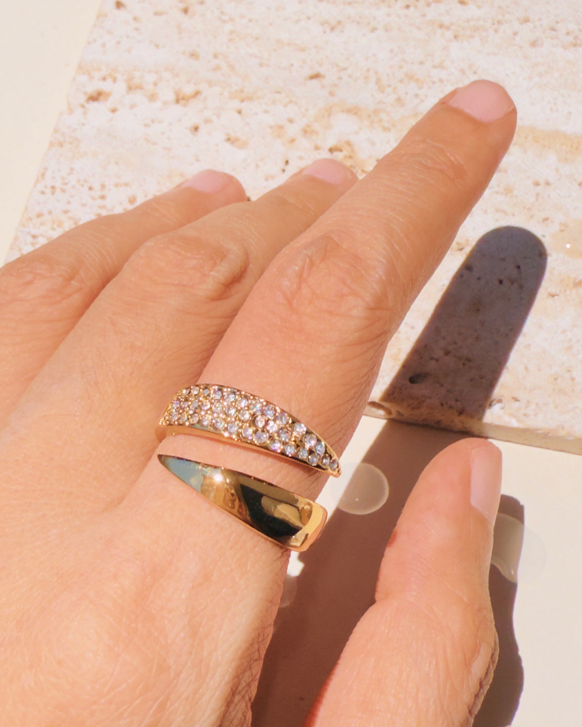 Meadow Dual Top Head Geometric Design Half Zircon Paved Half Smooth Open Layered Look Gold Ring