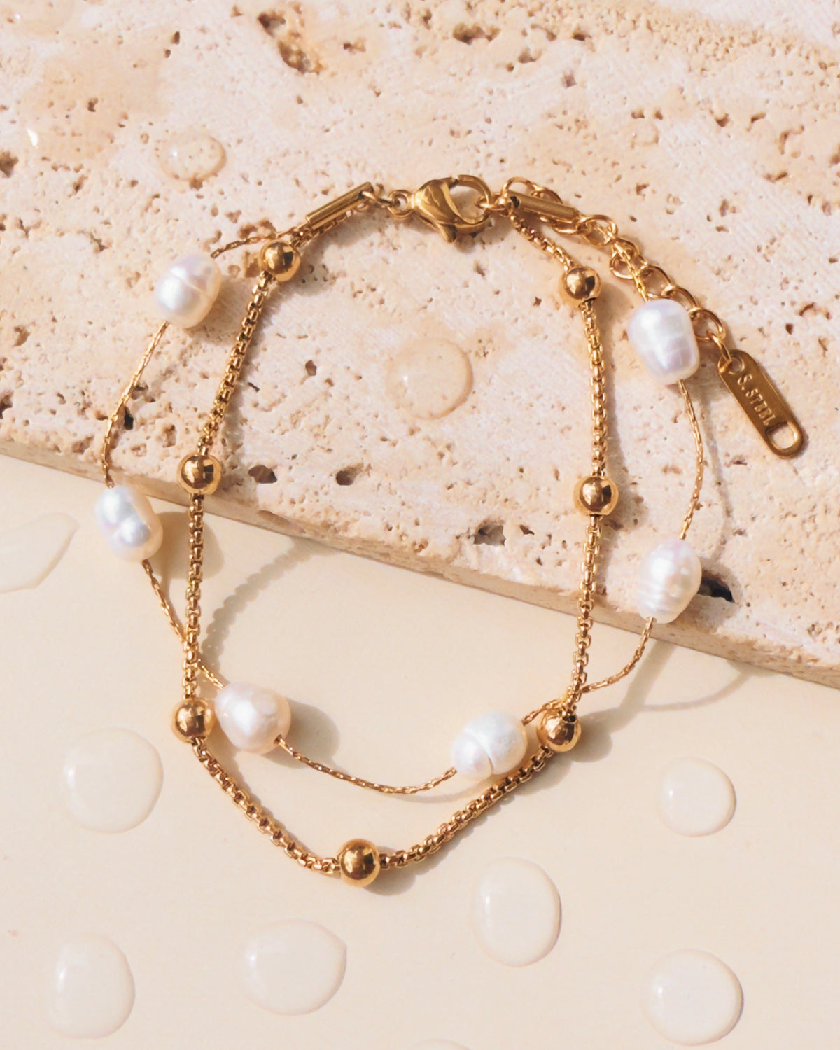 Becky Double Layer Rounded Box Chain Ball Beaded Anchor Chain Pearl Beaded Gold Bracelet