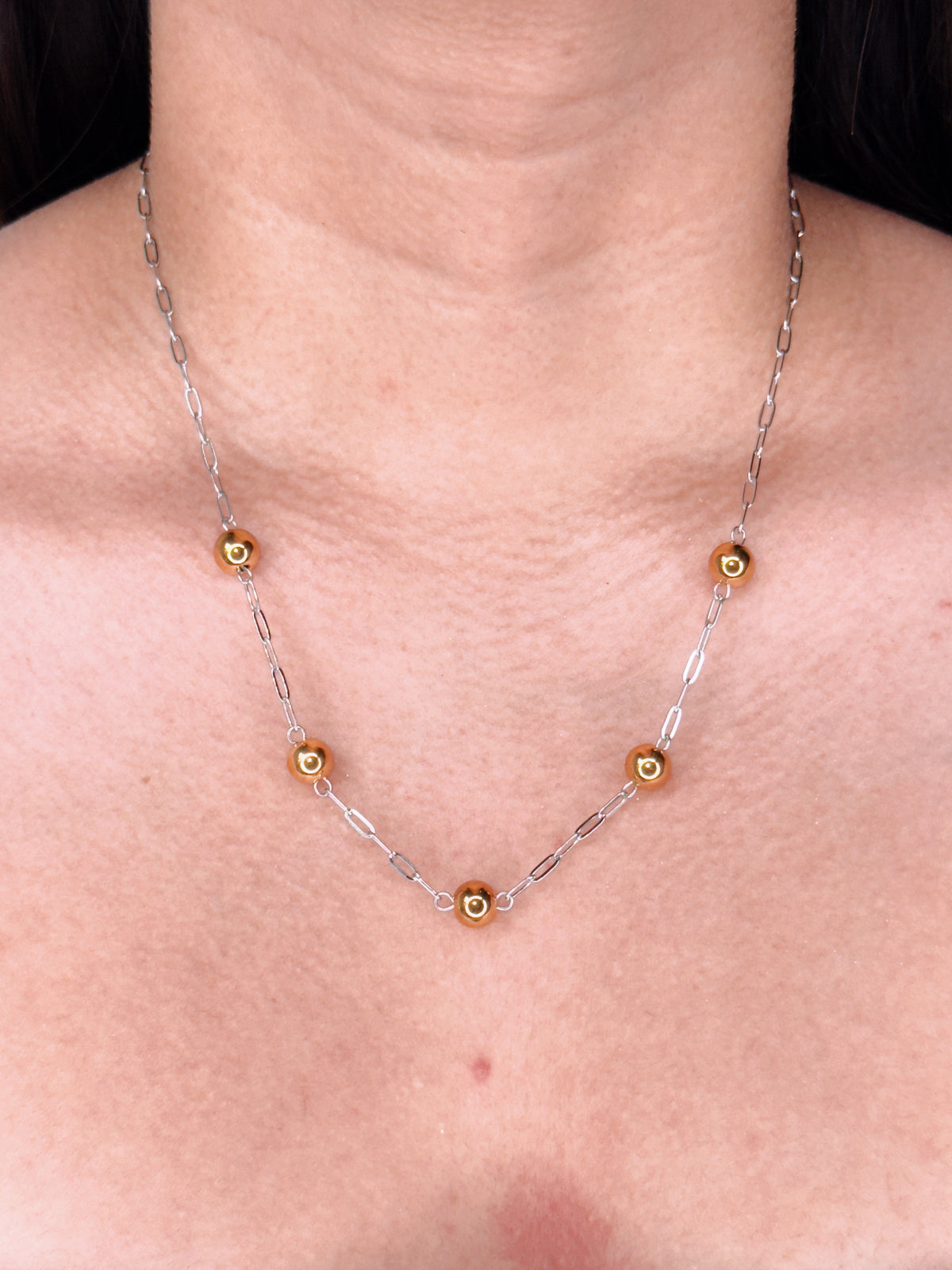 Monroe (Two Tone) Round Golden Ball Beads Pendant Small Silver Paperclip Chain Design Necklace