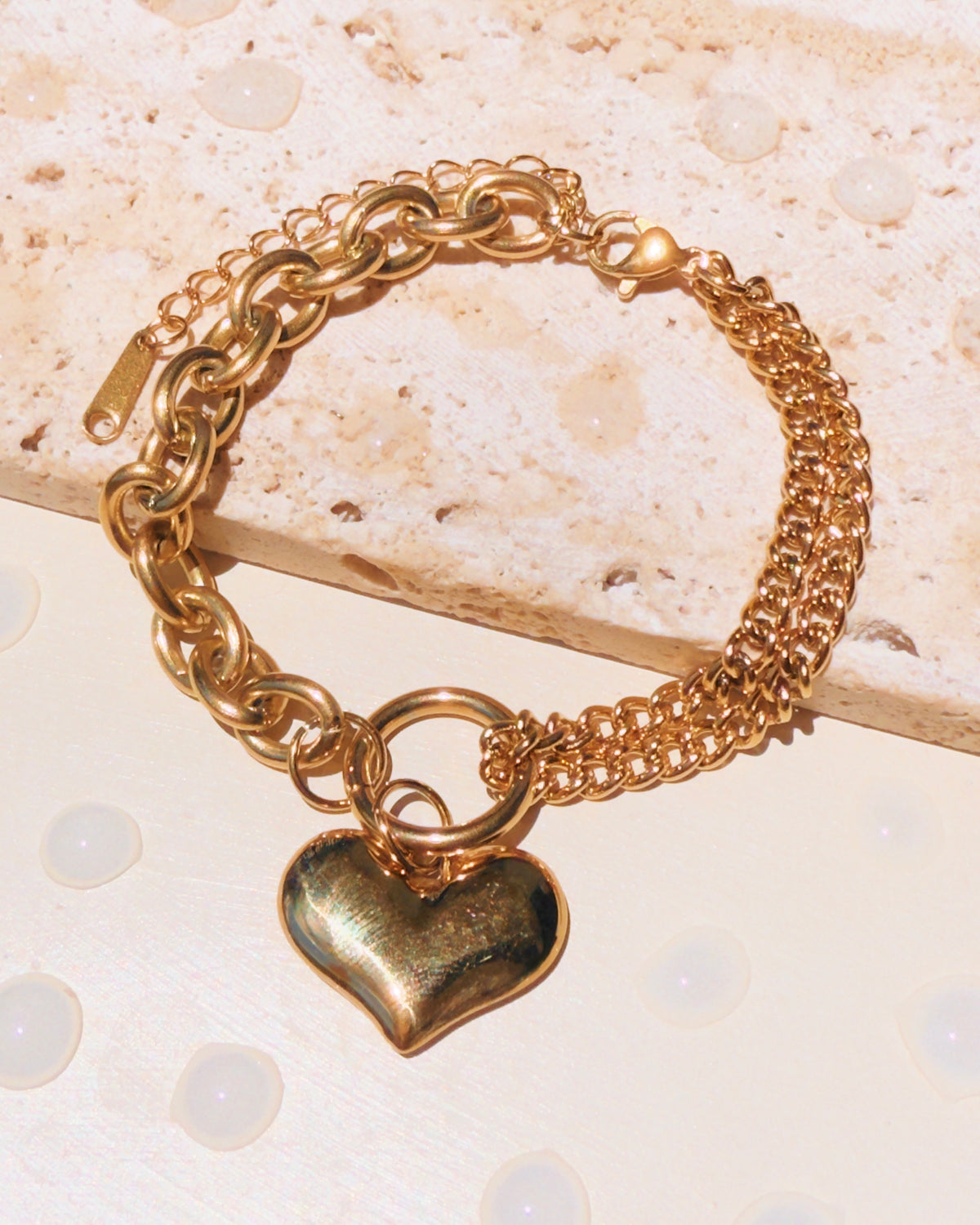 Bree Dual Design Half Hoop Chain Half Double Layer Curb Chain Solid Heart Pendant Gold Bracelet