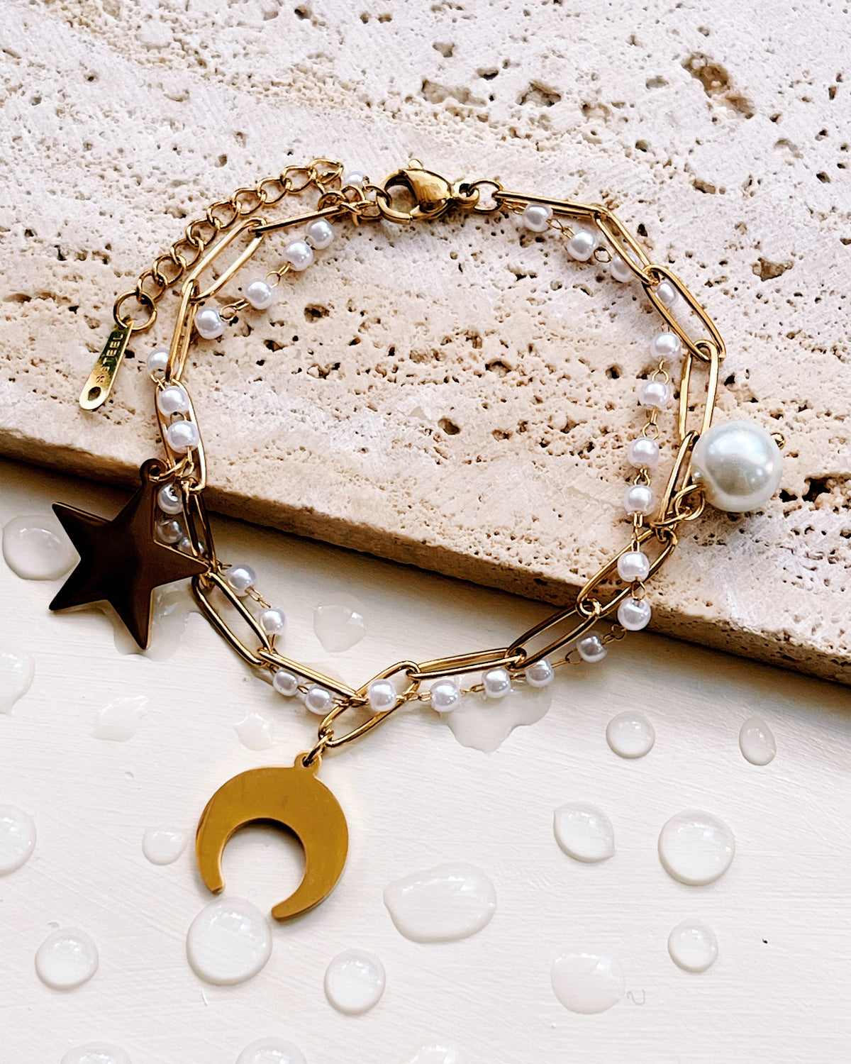 Erin Double Layer Pearl Beads Paperclip Chain with Star Moon Pearl Pendants Gold Bracelet