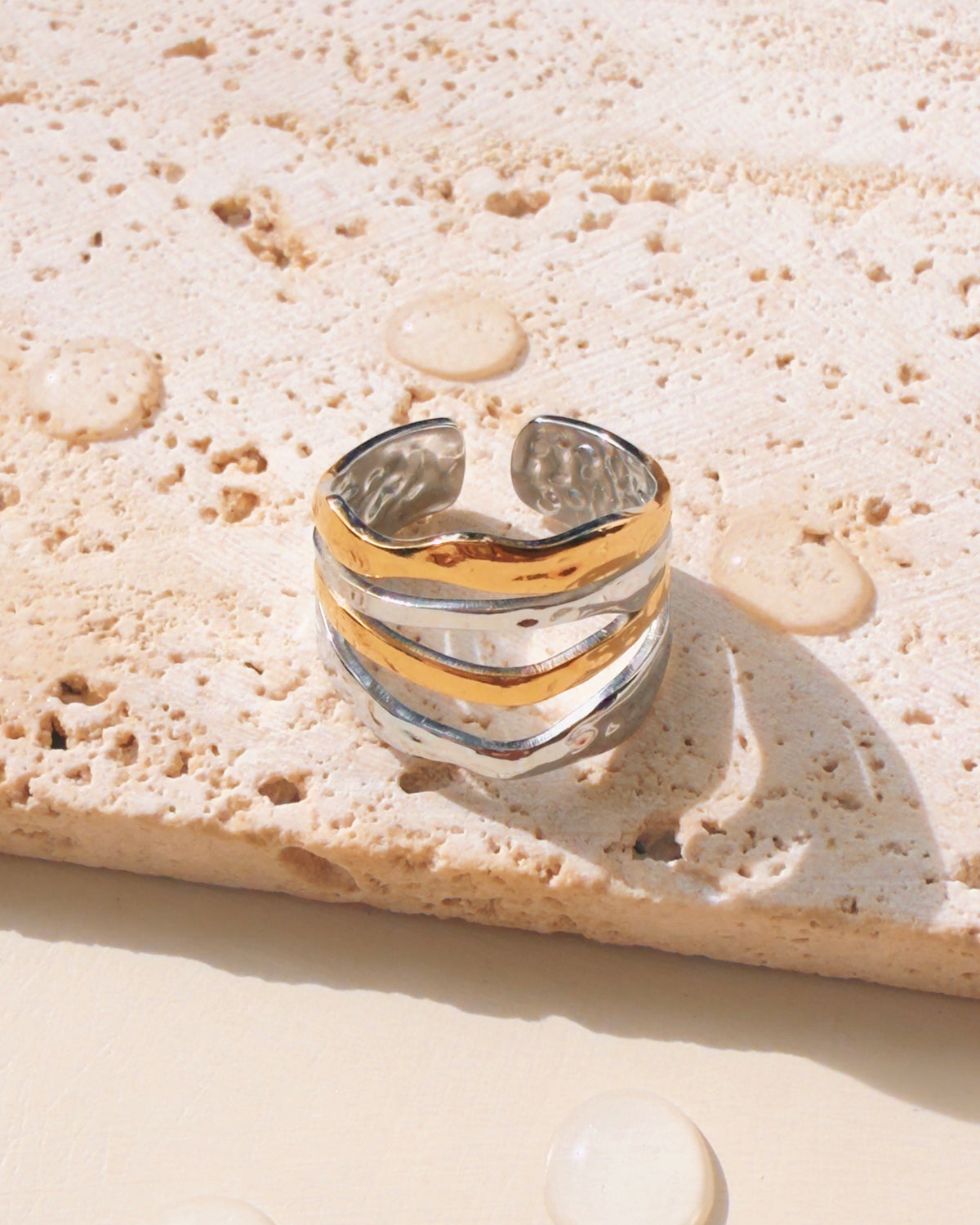 Charlotte (Two Tone) Alternate Silver Gold Wide Irregular Wavy Layered Design Open Ring