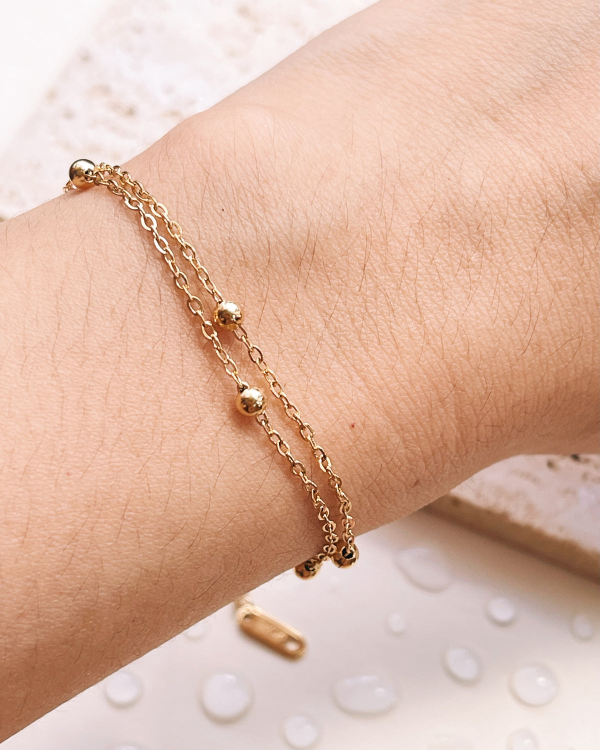 Erica Double Layer Ball Beaded Thin Curb Chain Gold Bracelet
