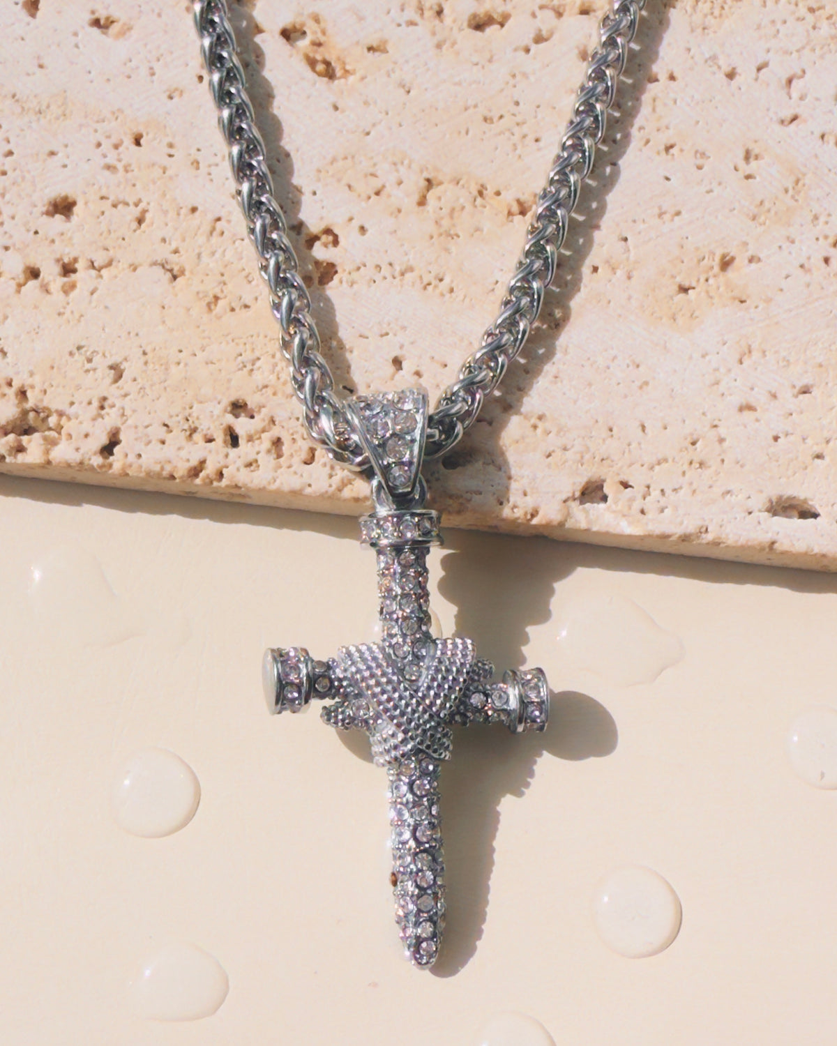 Lumi (Silver) Thick Wheat Chain Design Zircon Paved Inlaid Cross Pendant Necklace