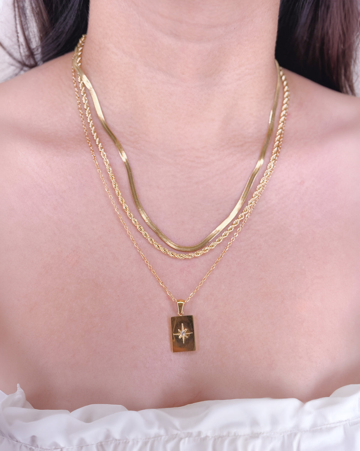 Adele (Bundle Set) 3 Necklaces Triple Layer Rope Chain Flat Snake Chain Thin Curb Chain Zircon Star Frame Pendant Gold Necklace