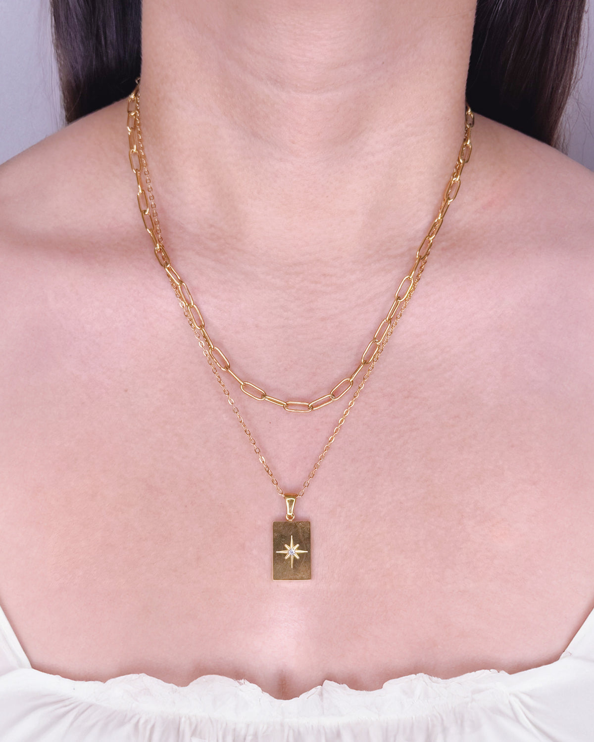 Aya (Bundle Set) 2 Necklaces Double Layer Paper Clip Chain Classic Link Chain Zircon Star Frame Pendant Gold Necklace