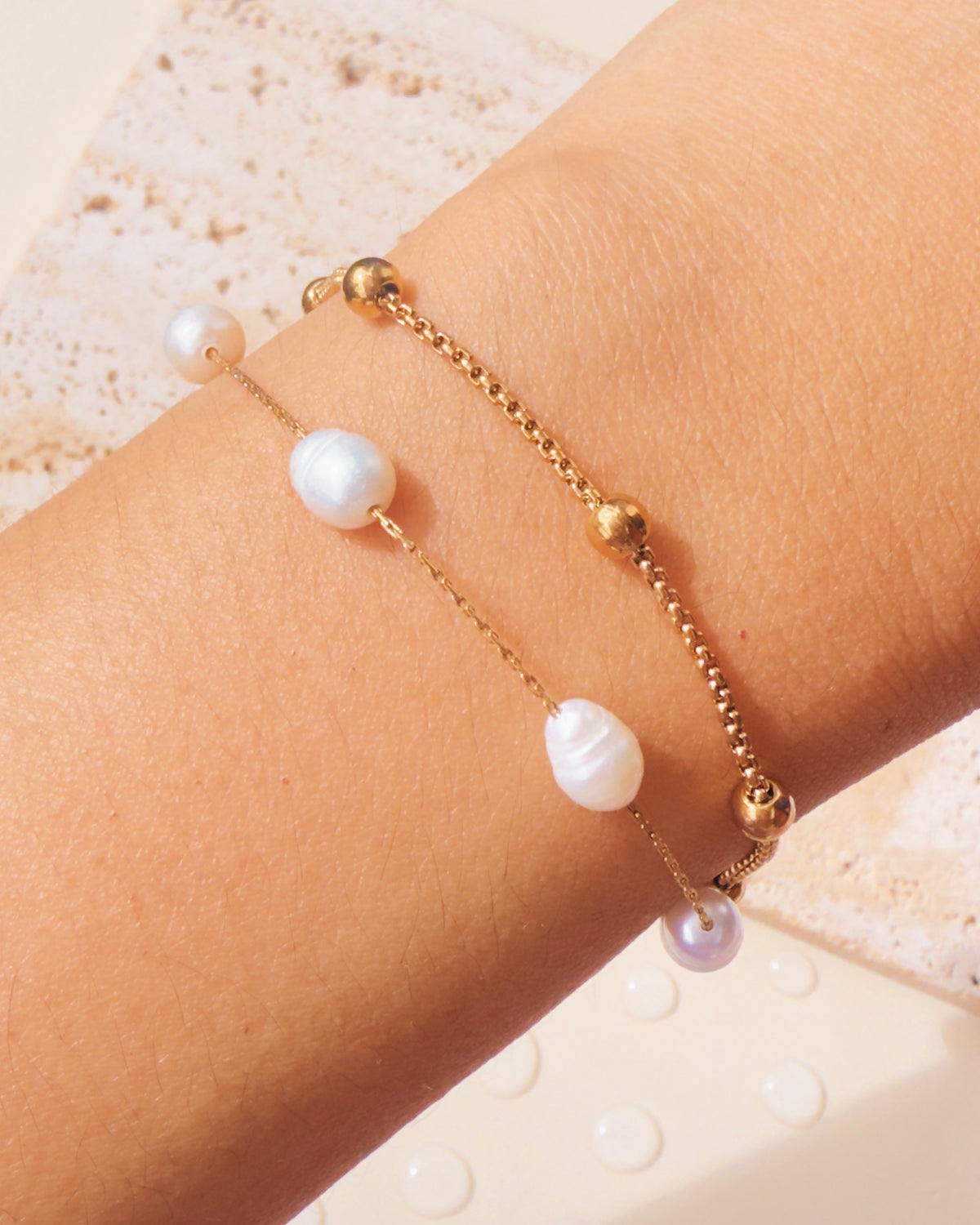 Becky Double Layer Rounded Box Chain Ball Beaded Anchor Chain Pearl Beaded Gold Bracelet