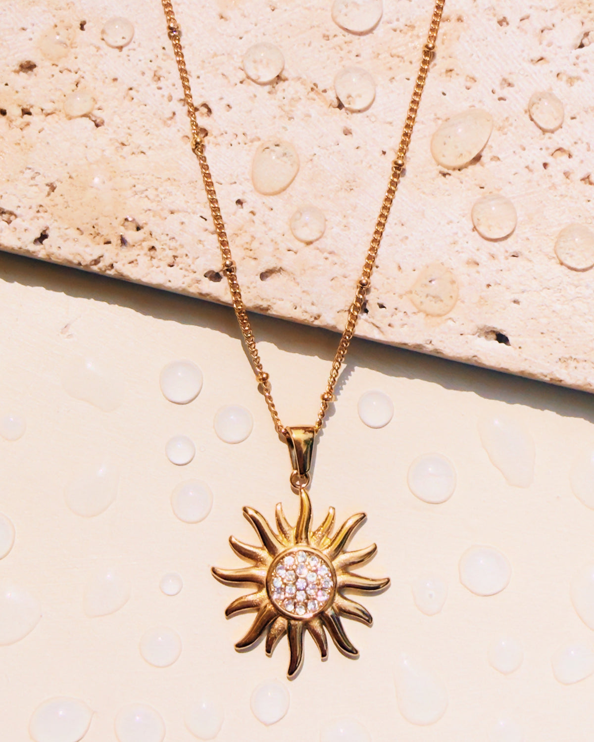 Penelope Zircon Center Solid Sunburst Design Pendant Ball Beaded Thin Curb Link Chain Design Gold Necklace