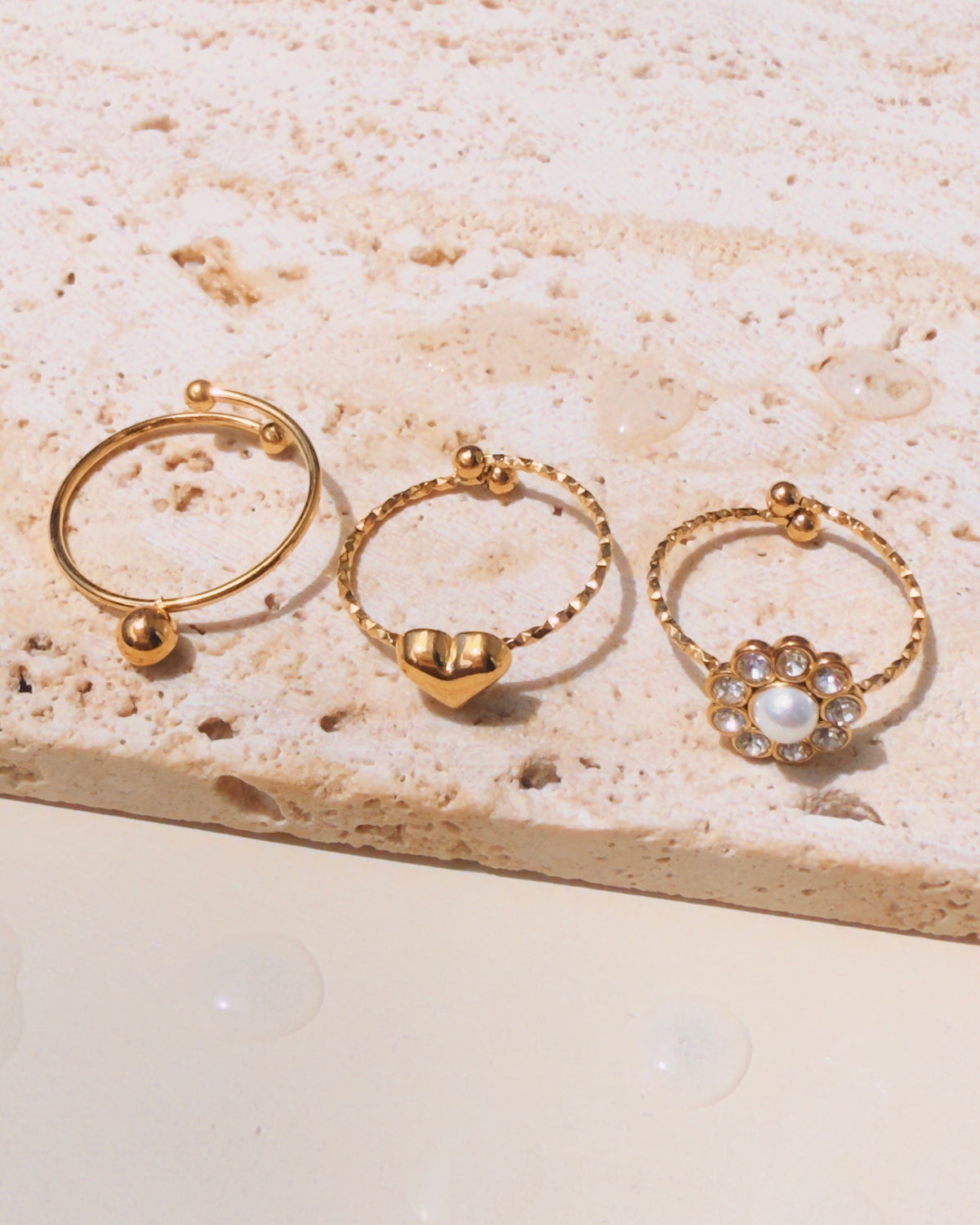 Miriam (Bundle Set) 3 Rings Solid Heart Shaped Zircon Paved Petal Pearl Center Flower Shaped Solid Round Ball Top Head Dainty Minimalist Design Thin Open Gold Ring