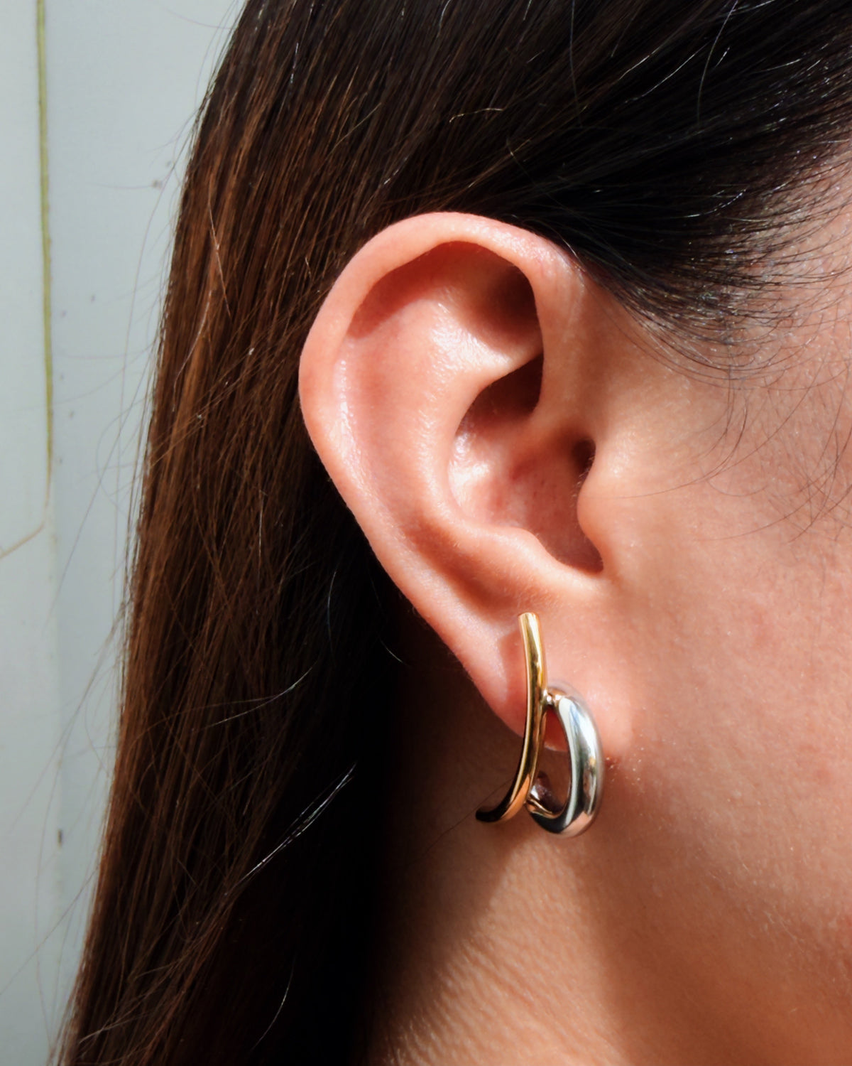 Pixie Two Tone Double Layer Short Silver C-Shaped Huggies Long Gold Curved Design Studs