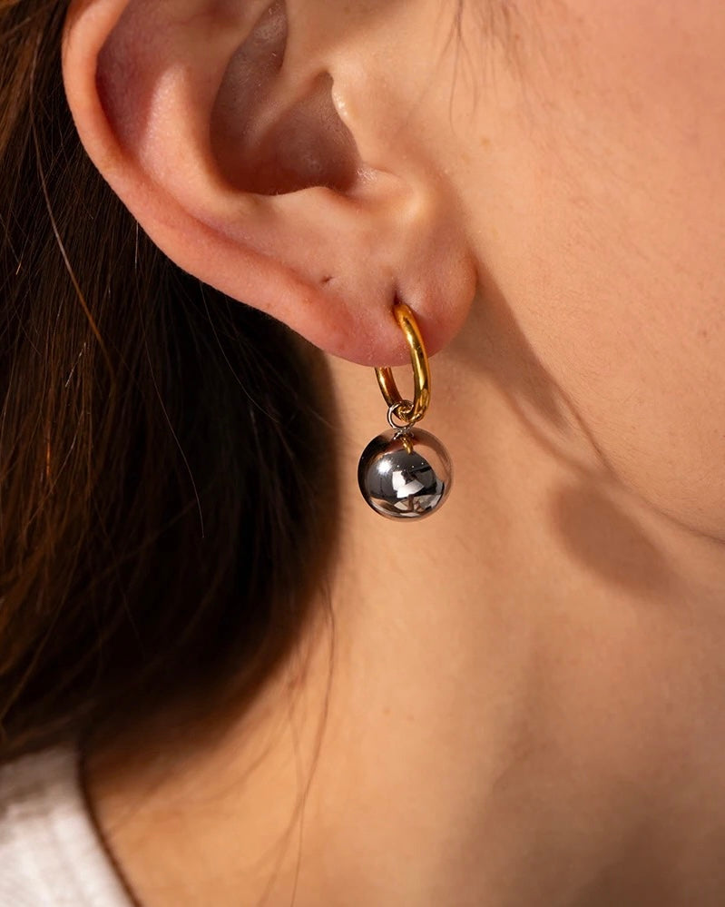 Juliana (Two Tone) Classic Gold Huggies Silver Ball Pendant Drop Earrings