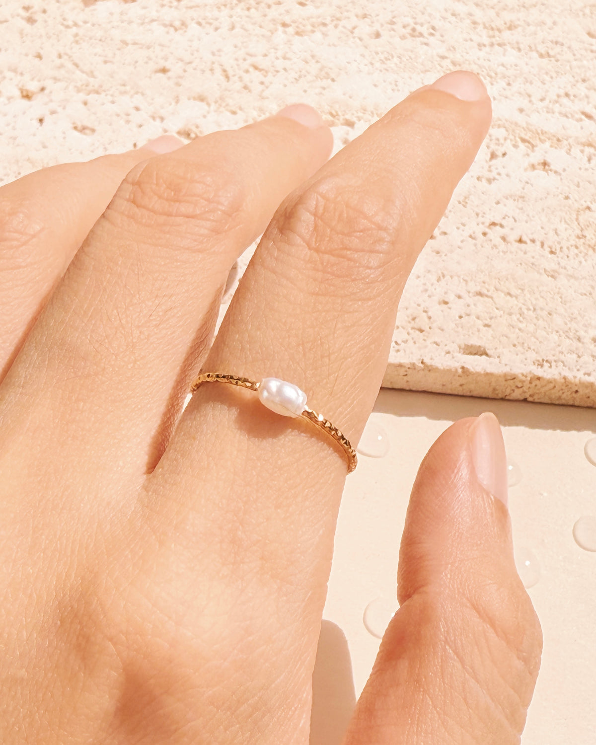Hera Dainty Pearl Centerstone Thin Textured Design Gold Minimalist Ring