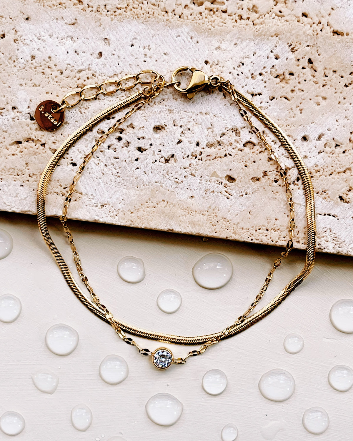 Elise Double Layer Snake Chain Lace Link Chain Bezel Round Zircon Pendant Gold Bracelet