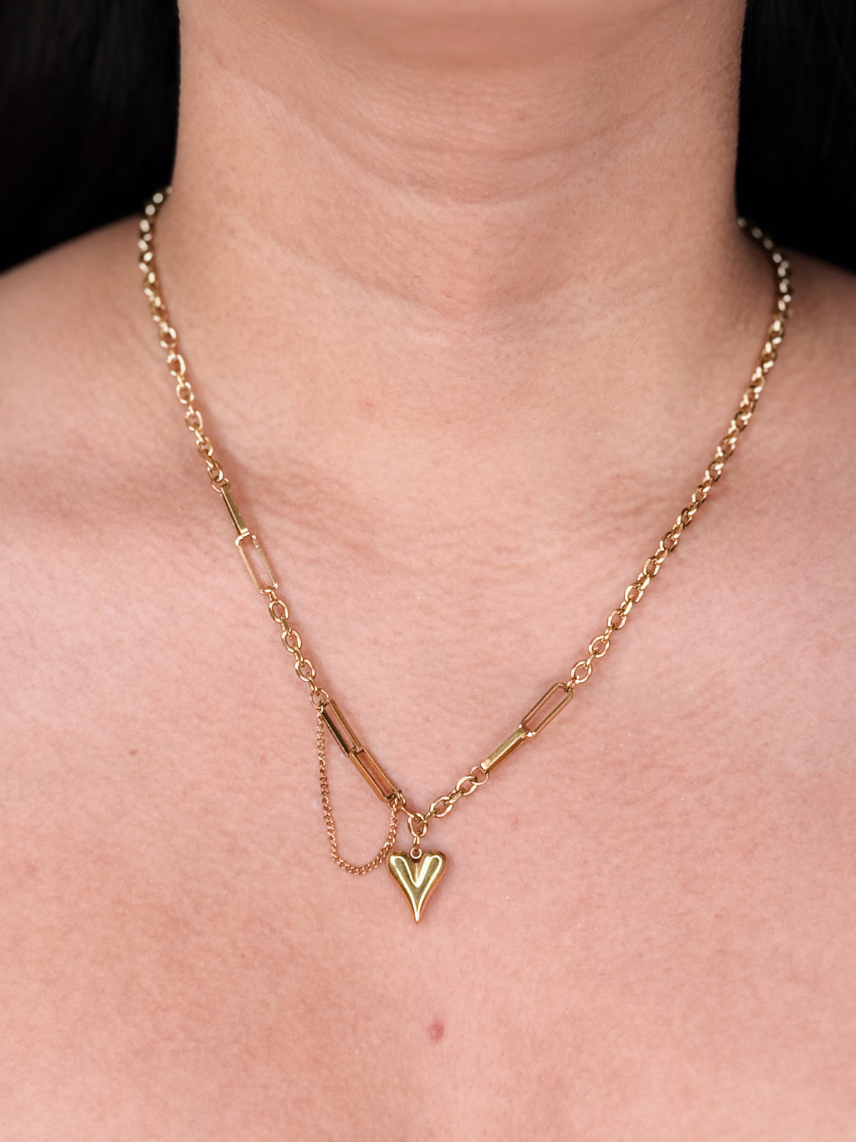 Evy Elongated Heart Pendant Dual Chain Design Alternate Paperclip Round Link Chain Gold Necklace