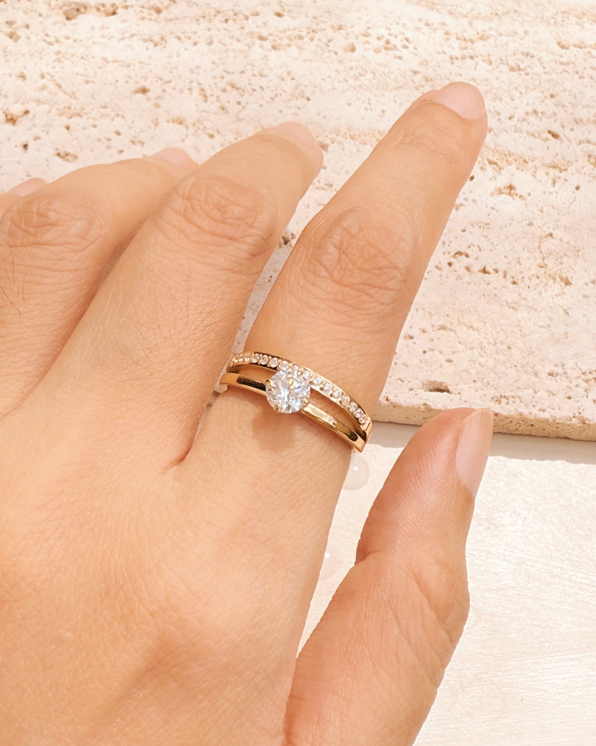 Fannie Double Layer Zircon Paved Classic Zircon Centerstone Layered Look Gold Ring