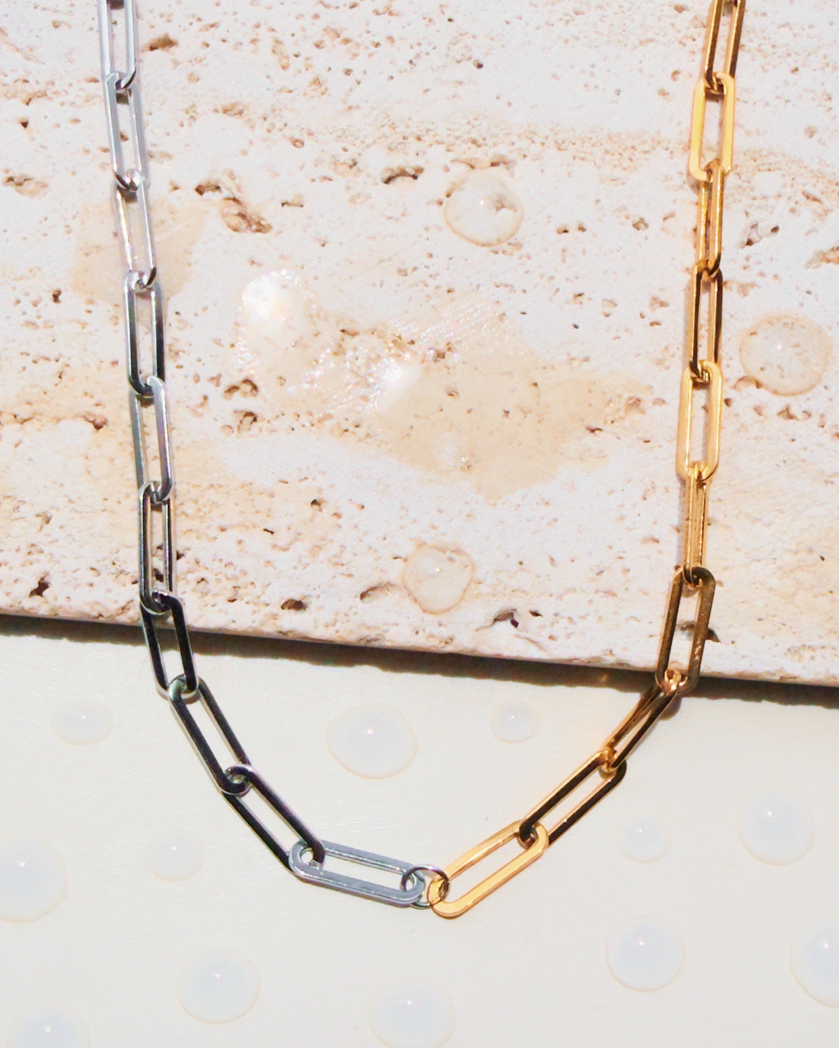 Galilea Two Tone Half Silver Half Gold Small Flat Wide Thick Paperclip Chain (Chain Only) Necklace