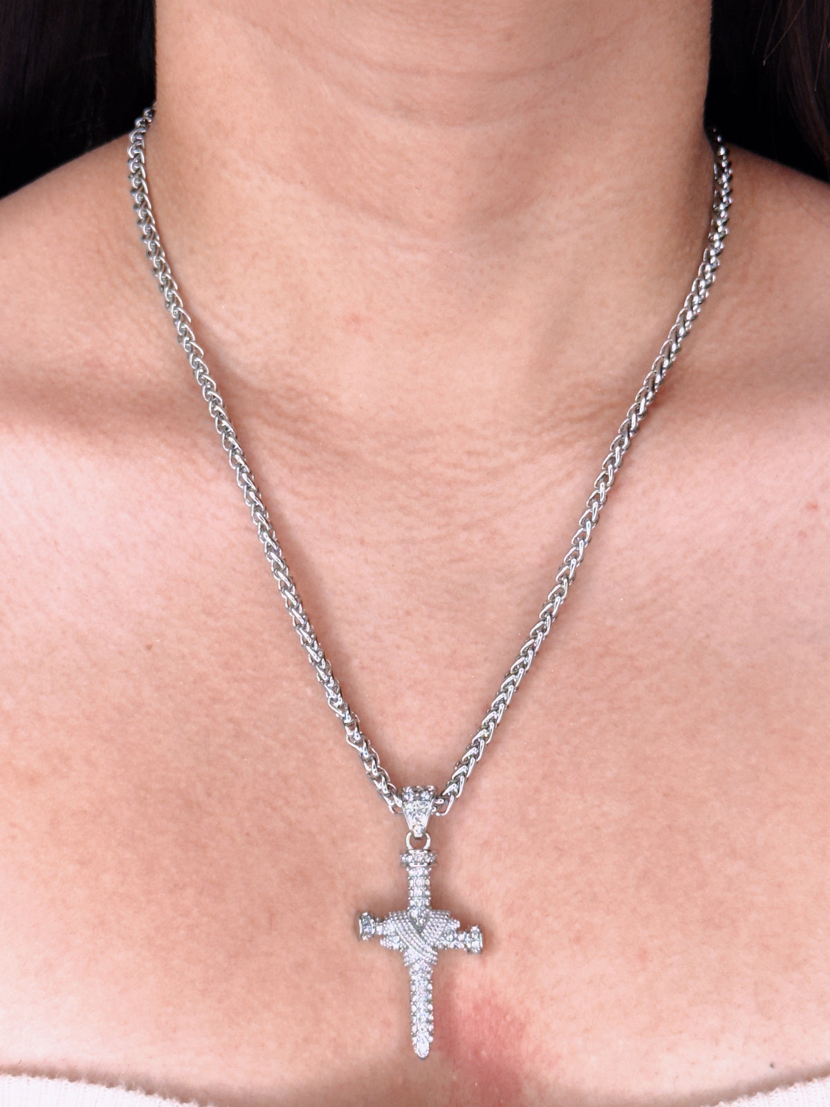 Lumi (Silver) Thick Wheat Chain Design Zircon Paved Inlaid Cross Pendant Necklace