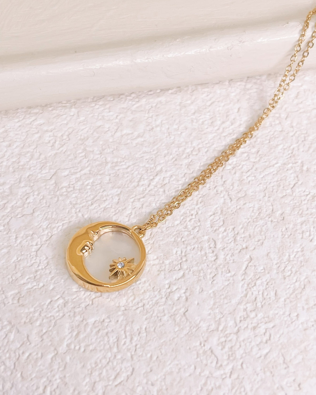 Celeste Sun and Moon Shell Stone Pendant Gold Necklace