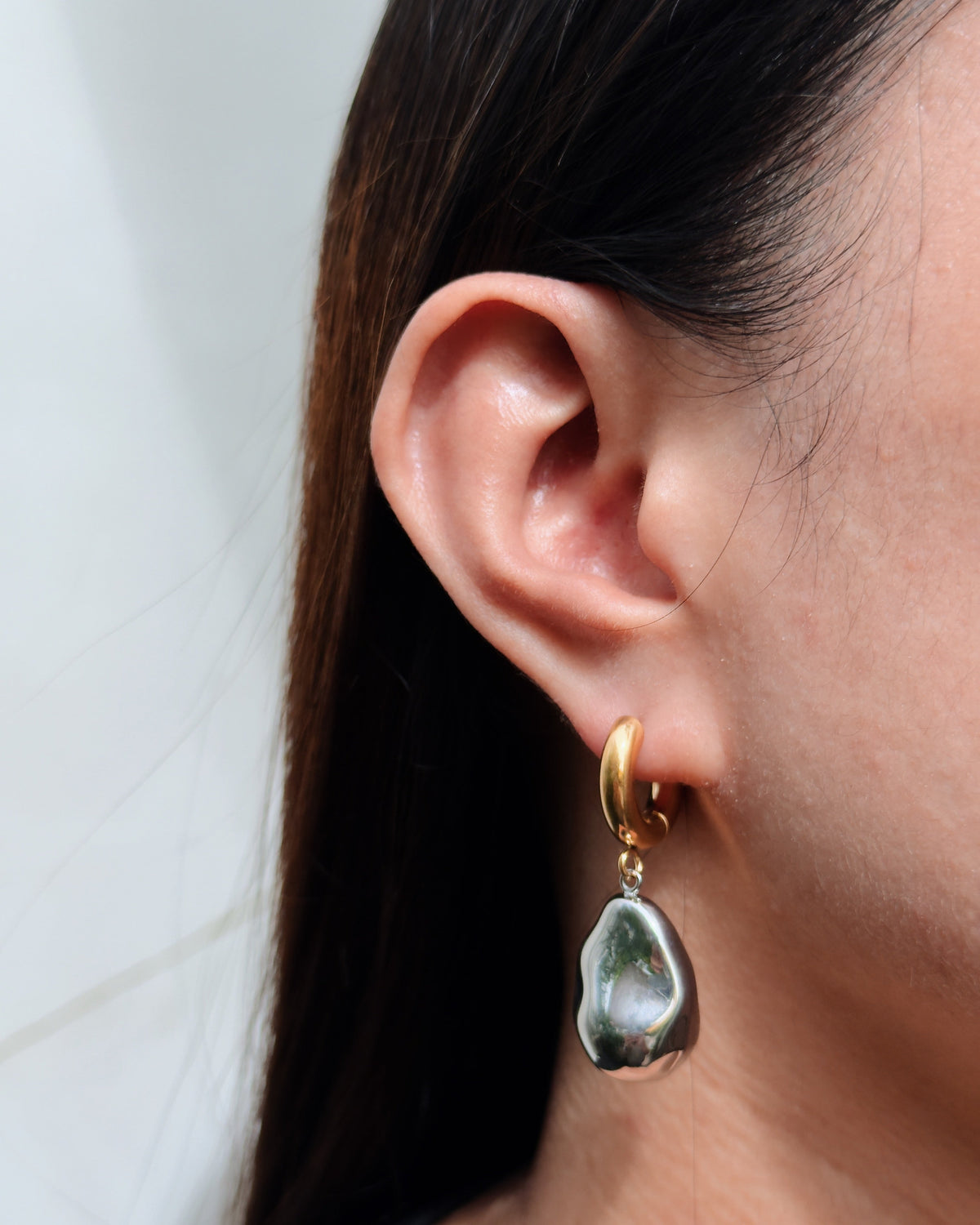 Nicolette (Two Tone) Classic Round Gold Huggies Silver Irregular Stone Shaped Drop Earrings