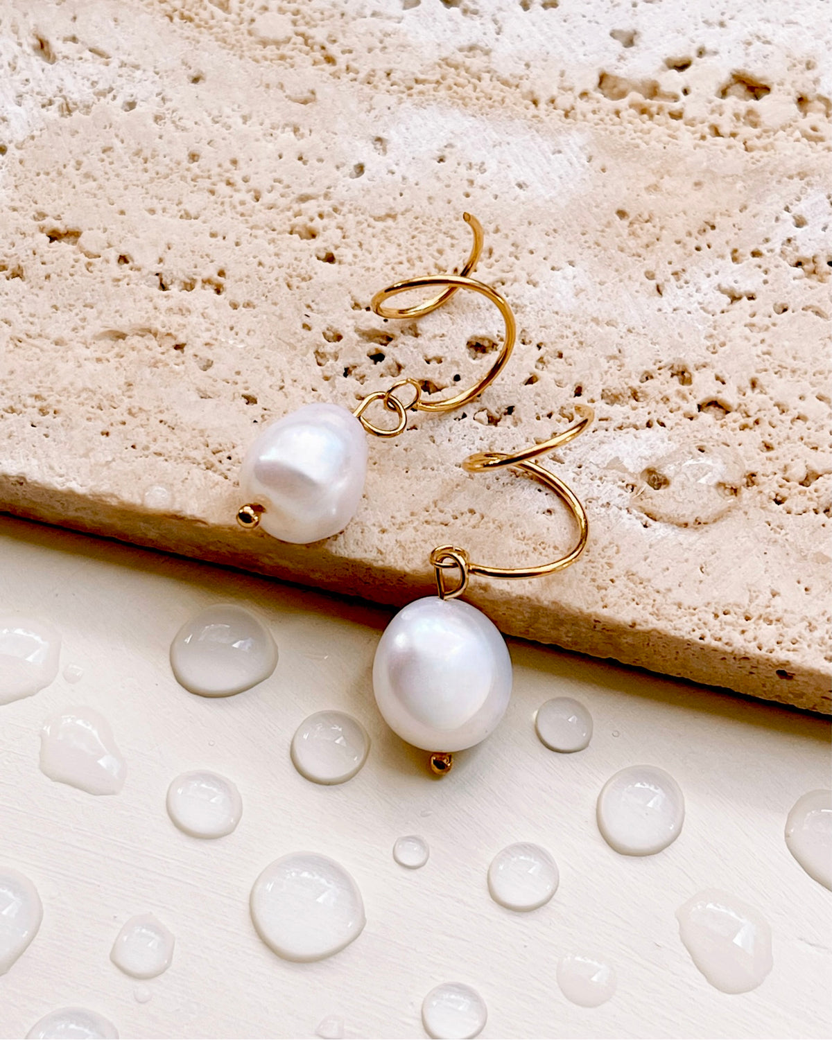 Wren Double Spiral Illusion Gold Huggies Baroque Freshwater Pearl Drop Earrings