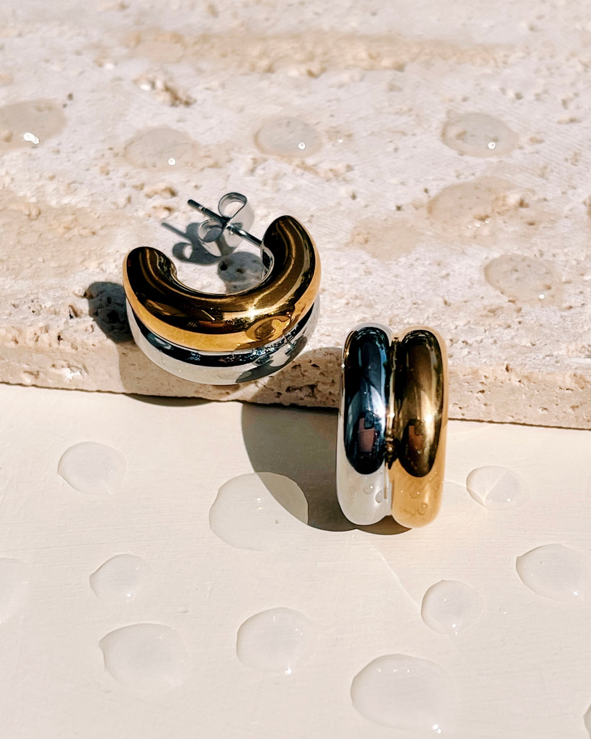 Felicity (Two Tone) Connected CC Shaped Silver Gold Stud Drop Earrings