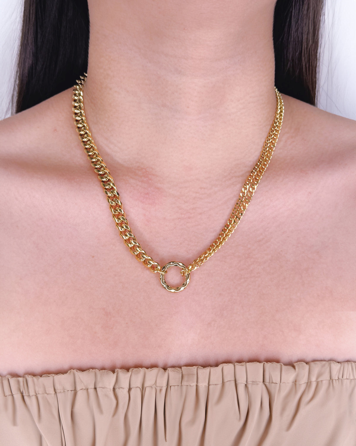 Bobbie Ring Pendant Dual Design Half Chunky Cuban Chain Half Double Layer Thin Cuban Chain Design Gold Necklace