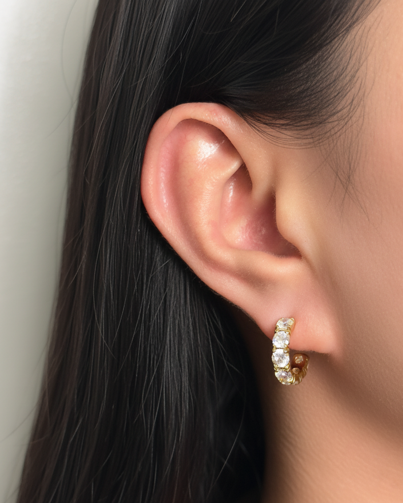 Brisha Paved Round Zircon Crowned Setting Wide C-Shaped Gold Hoops