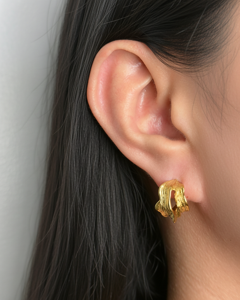 Britta Wood Bark Texture C-Shaped Split Design Gold Hoop Drop Earrings