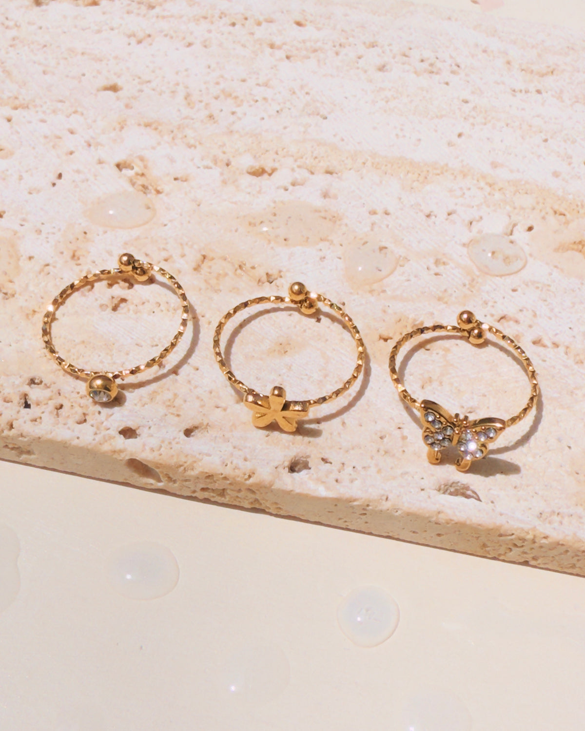 Milani (Bundle Set) 3 Rings Solid Flower Shaped Zircon Paved Butterfly Shaped Round Zircon Inlaid Set Top Head Dainty Minimalist Design Thin Open Gold Ring