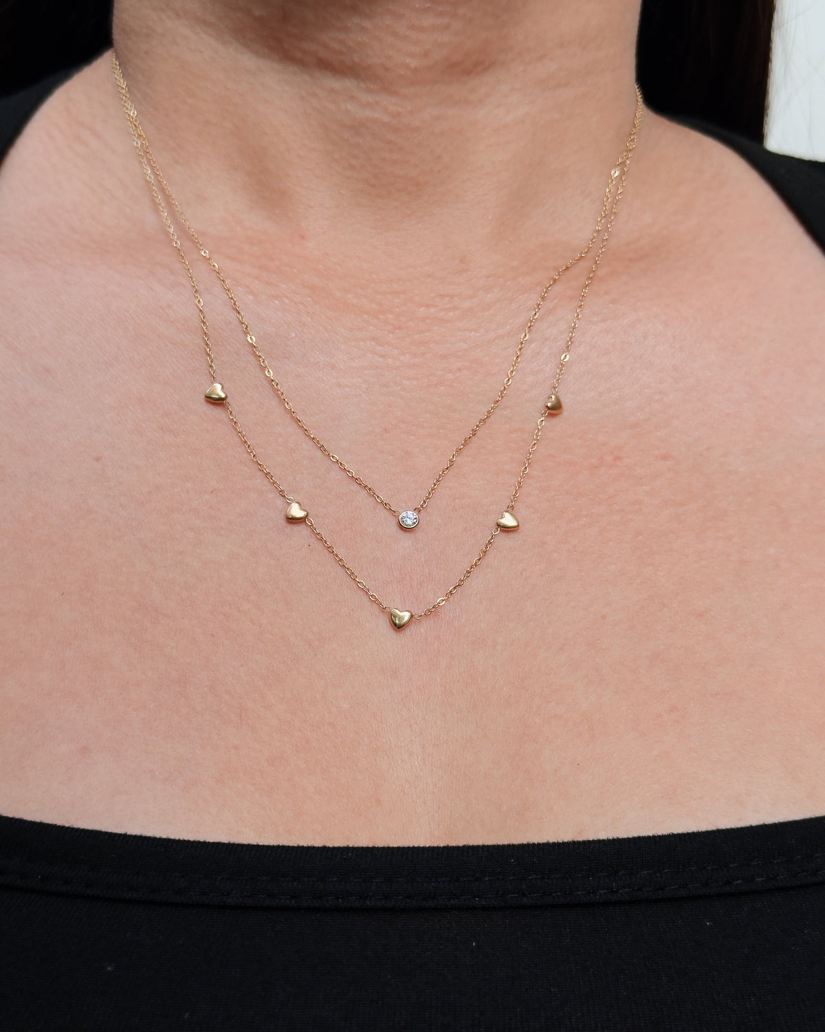 Liora Double Layer Round Zircon Pendant Heart Shaped Beads Pendant Classic Link Chain Gold Necklace