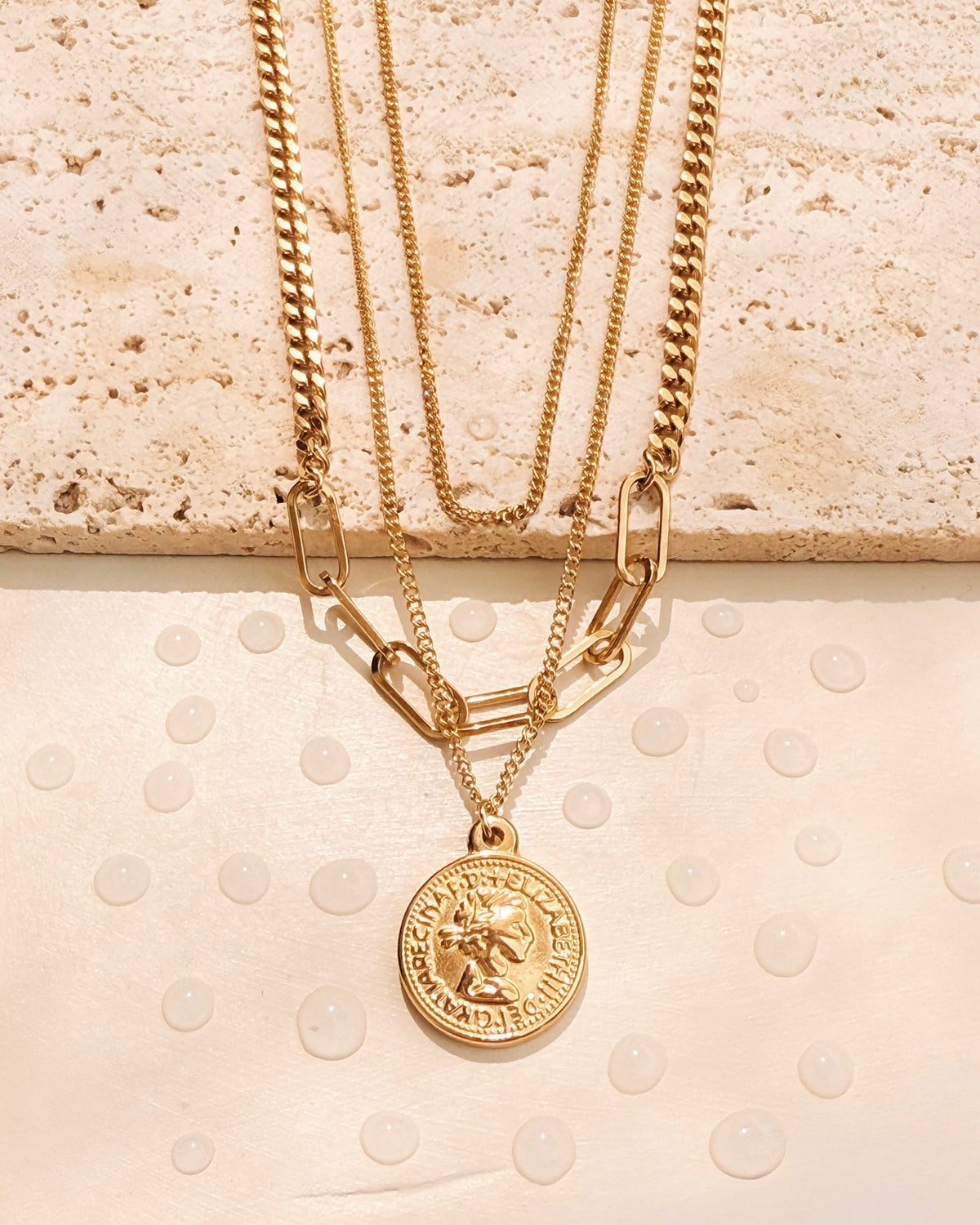 Cheryl Triple Layer Short Thin Curb Chain Paperclip Thick Cuban Chain Long Thin Curb Chain Coin Pendant Gold Necklace