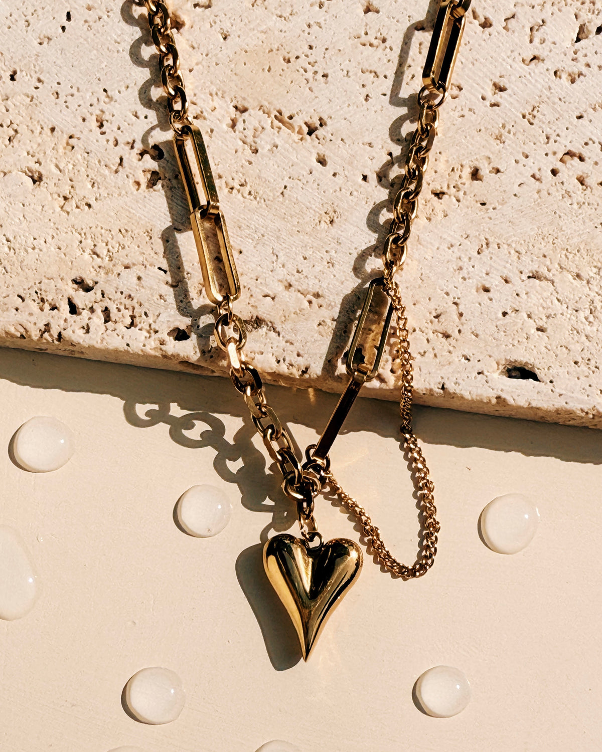 Evy Elongated Heart Pendant Dual Chain Design Alternate Paperclip Round Link Chain Gold Necklace