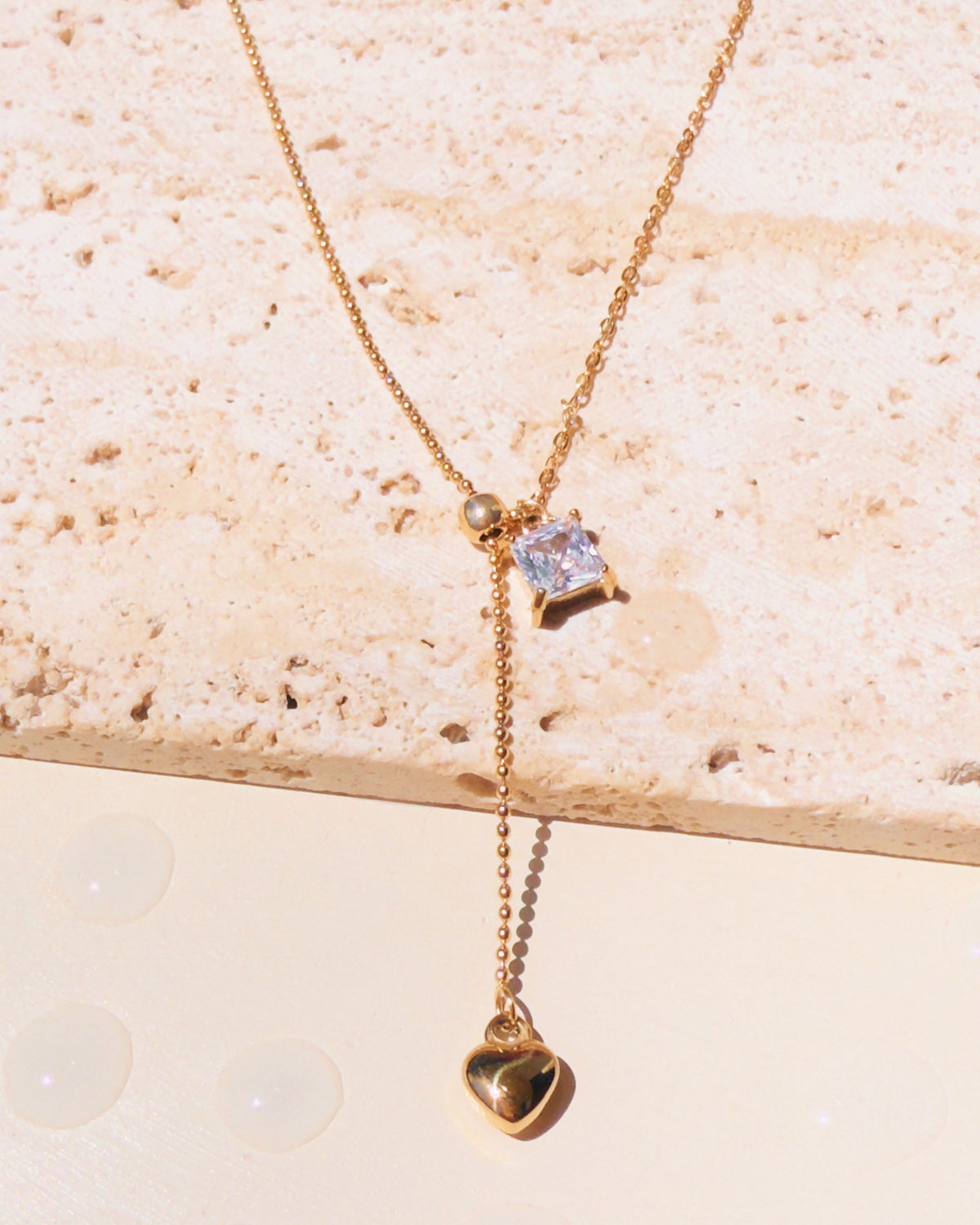 Nina Dual Design Thin Link Chain Square Zircon Pendant Tiny Ball Beads Chain Pull String Adjustable Heart Pendant Tassel Design Gold Necklace